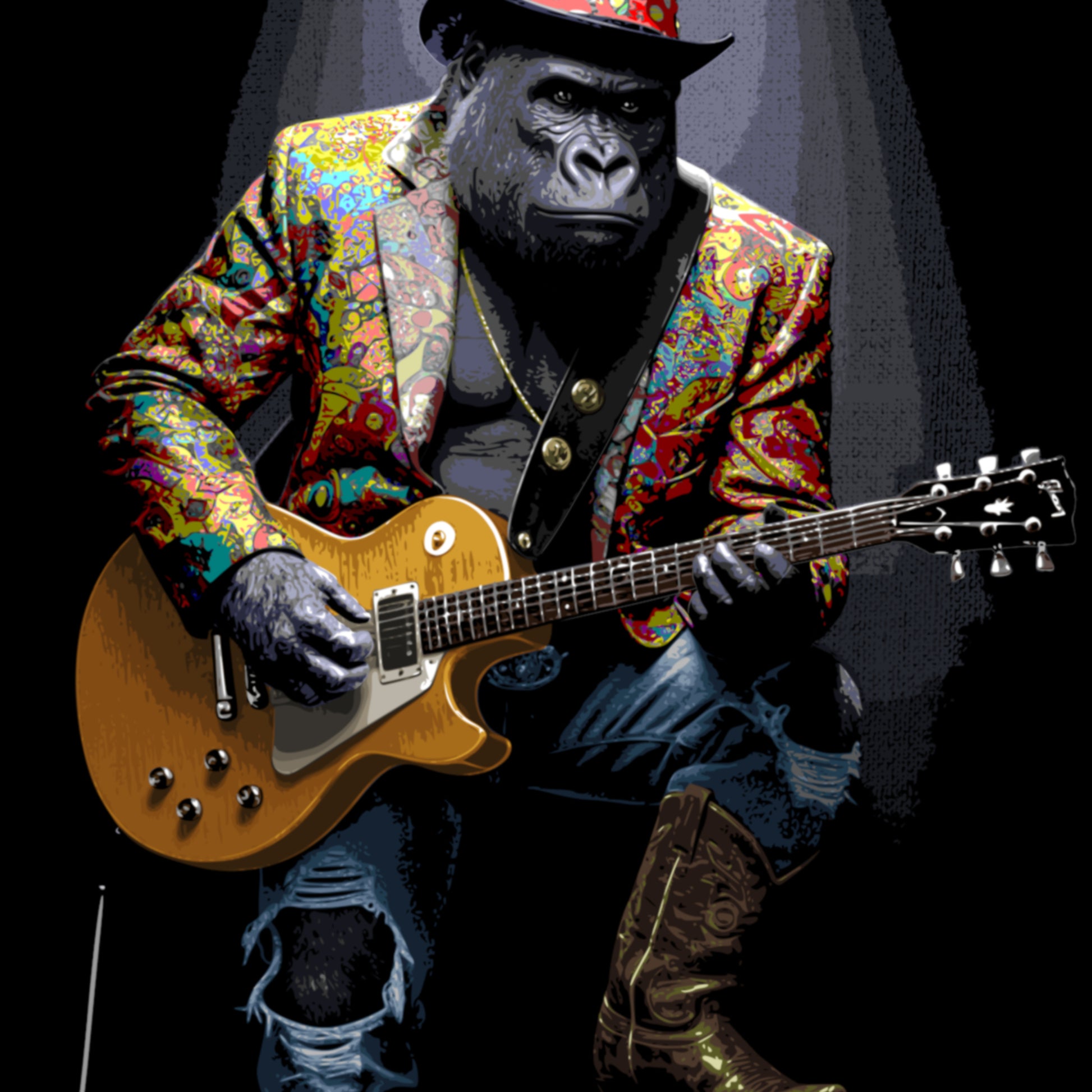 Gorilla playing a guitar with a colorful jacket and hat on a dark background