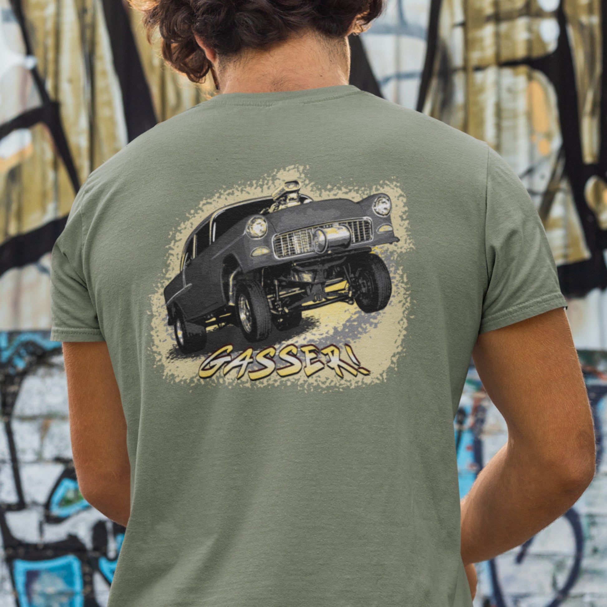 Classic Car Shirt featuring a black 1955 Chevy Gasser - Unisex t-shirt, 1950s 1960s racer, image on back