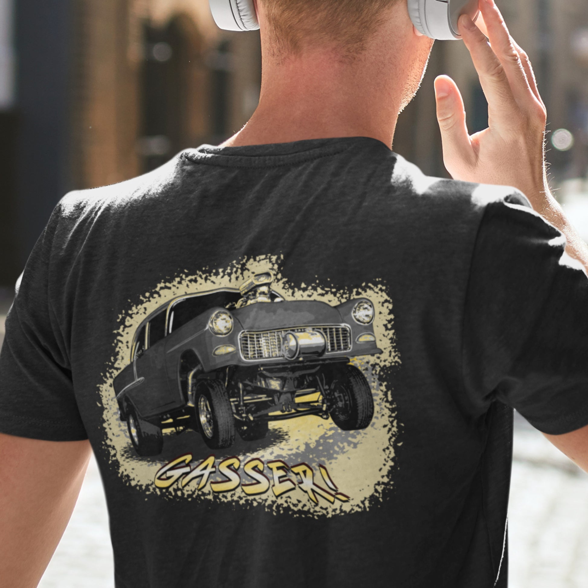Classic Car Shirt featuring a black 1955 Chevy Gasser - Unisex t-shirt, 1950s 1960s racer, image on back