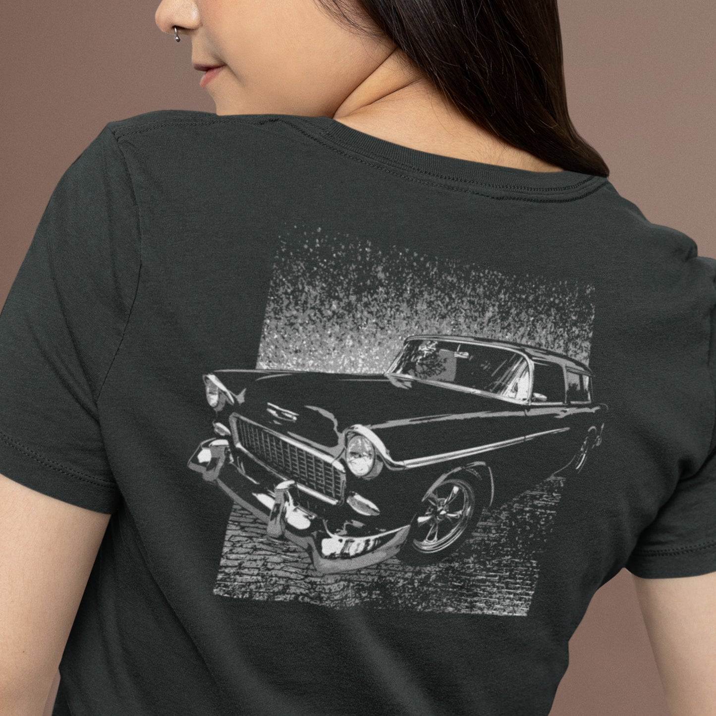 Classic Car shirt featuring a 55 Chevy Nomad. Unisex classic tee with image on back.