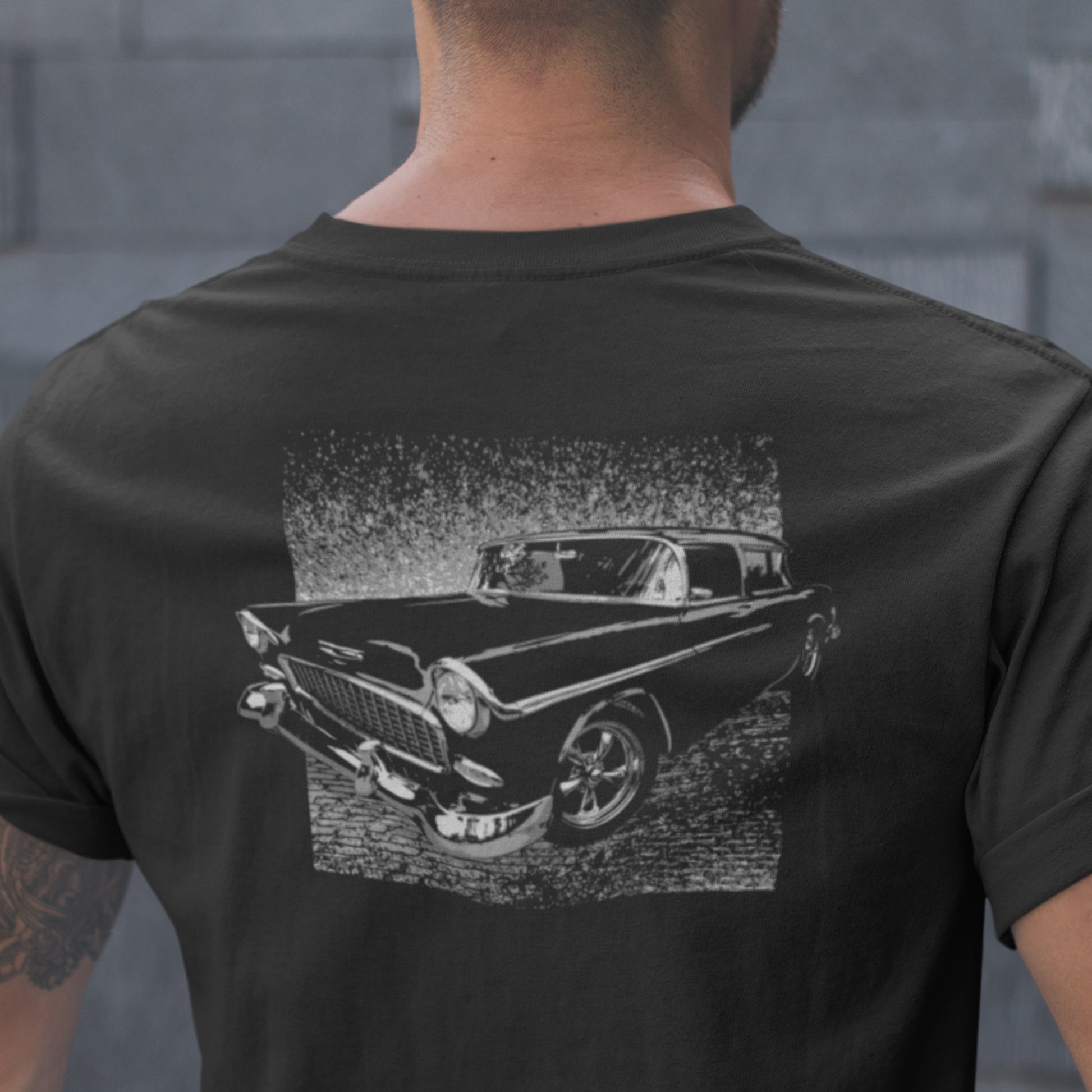 Classic Car shirt featuring a 55 Chevy Nomad. Unisex classic tee with image on back.