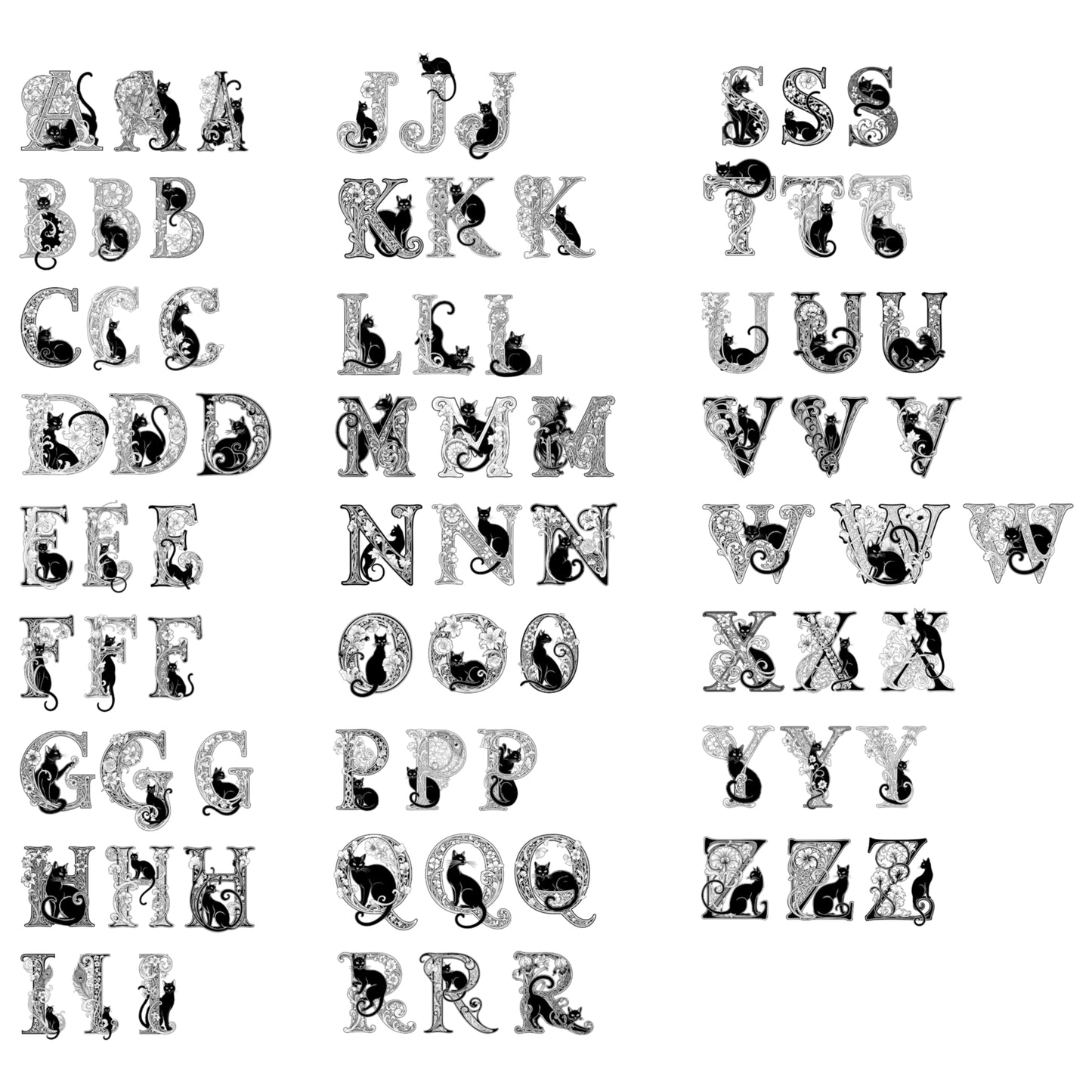 Black Cat Art Nouveau-styled Alphabet images - Digital Download - Capitol Letters with Cats