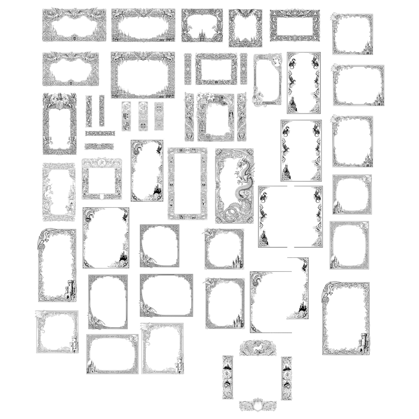 Medieval Fantasy Border Frames - Vintage Clipart, SVG, PNG (Digital Download). Dragons, castles, knights