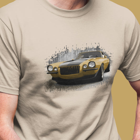 Classic Car Shirt featuring a Gold 1970 Camaro - Unisex t-shirt with 70 Chevrolet Camaro