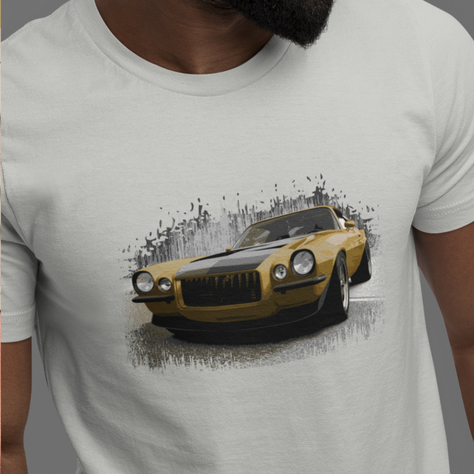 Classic Car Shirt featuring a Gold 1970 Camaro - Unisex t-shirt with 70 Chevrolet Camaro