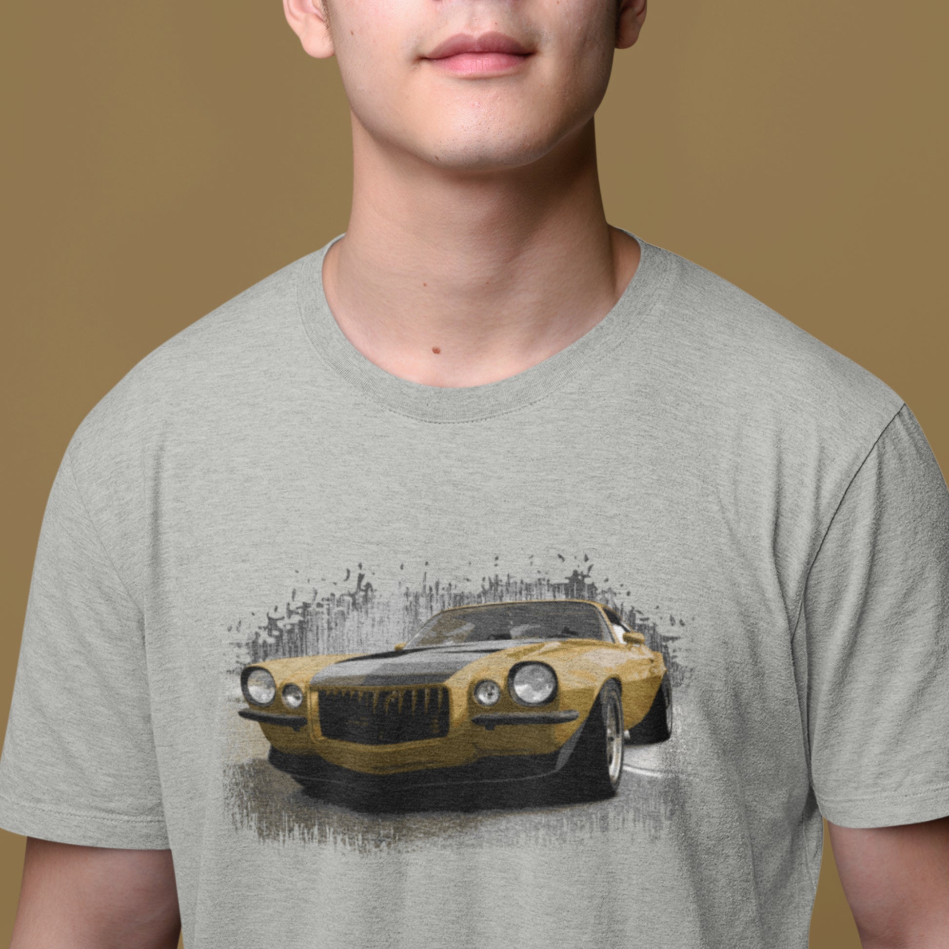 Classic Car Shirt featuring a Gold 1970 Camaro - Unisex t-shirt with 70 Chevrolet Camaro