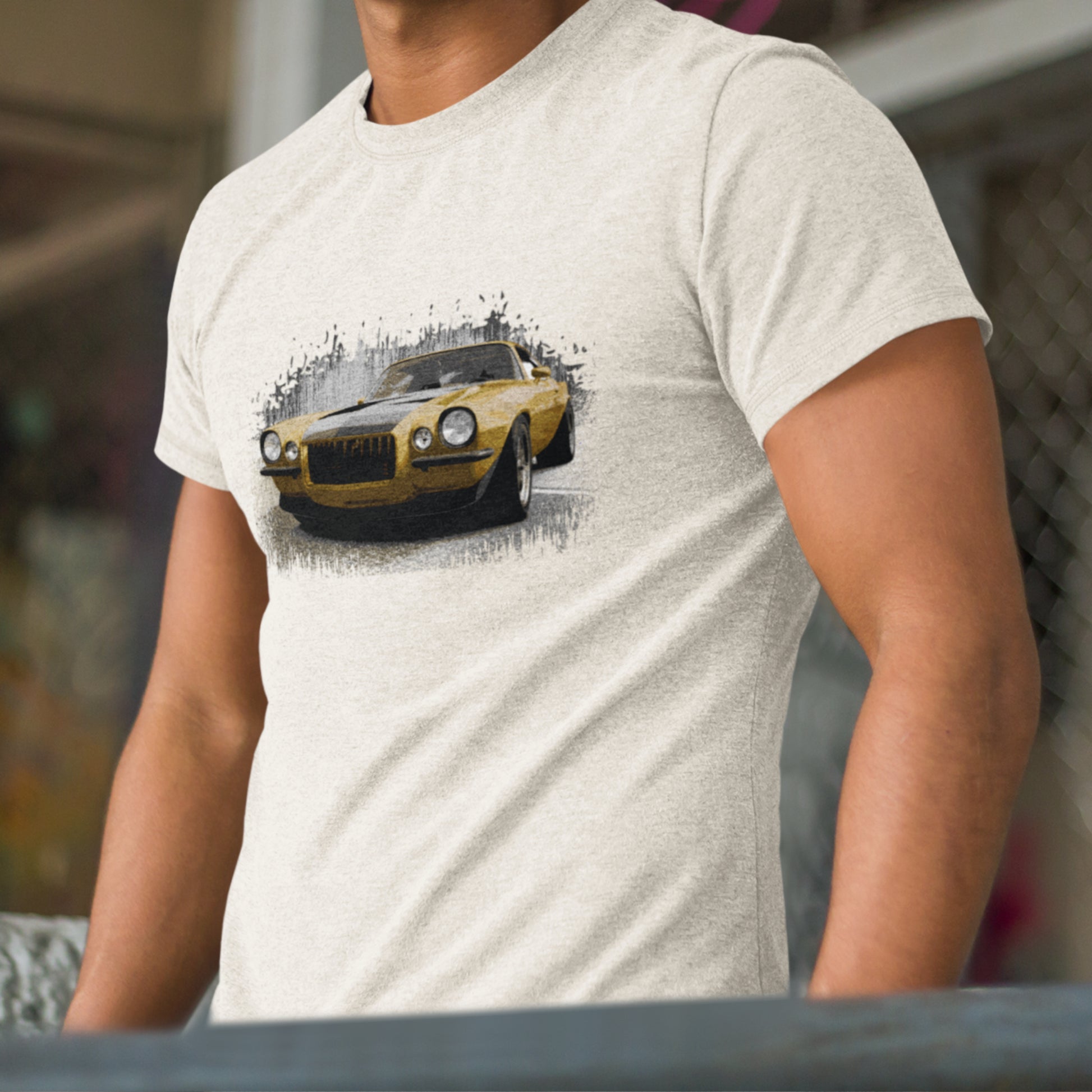 Classic Car Shirt featuring a Gold 1970 Camaro - Unisex t-shirt with 70 Chevrolet Camaro