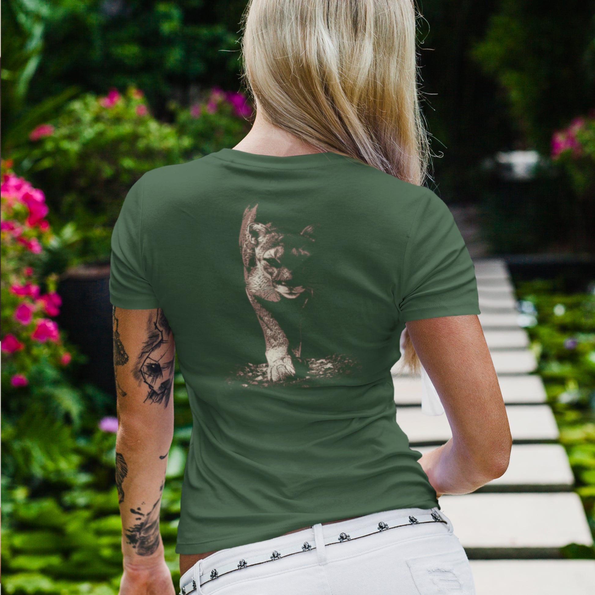 Wildlife Unisex t-shirt - Prowling Mountain Lion Tee - Image on back - Cougar, Catamount