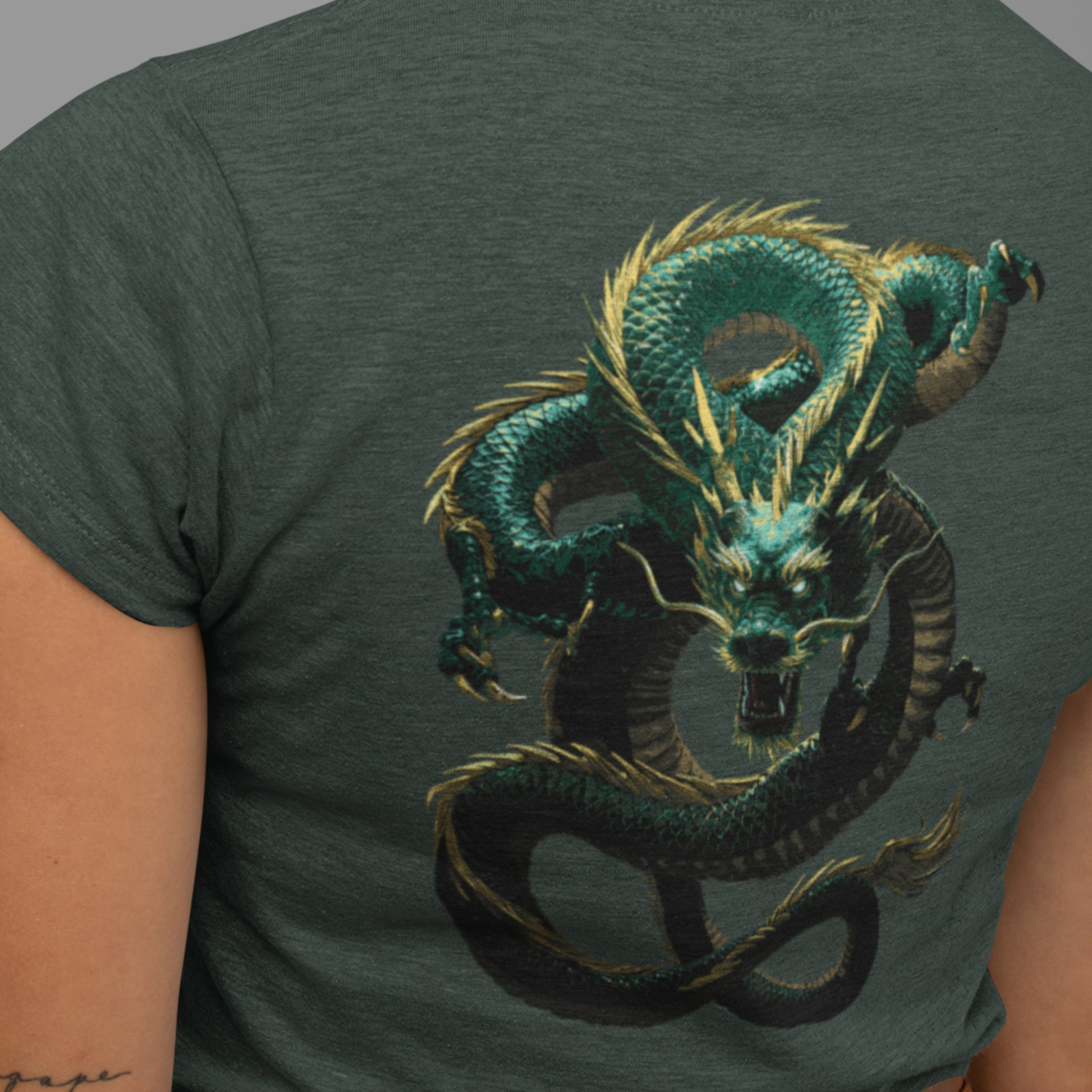 Green Dragon Unisex t-shirt - Japanese-inspired serpentine dragon - image on back of shirt