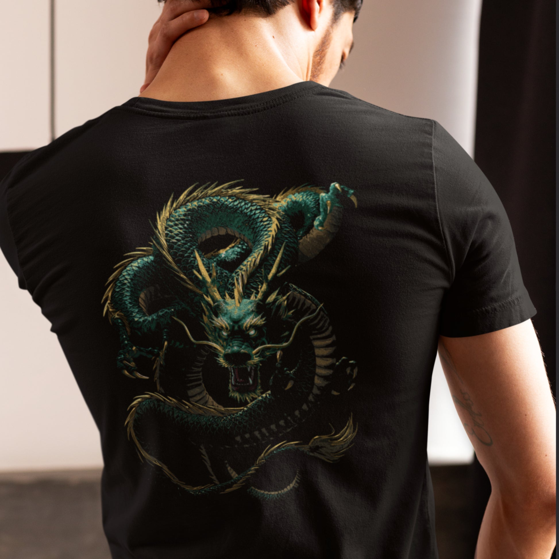 Green Dragon Unisex t-shirt - Japanese-inspired serpentine dragon - image on back of shirt