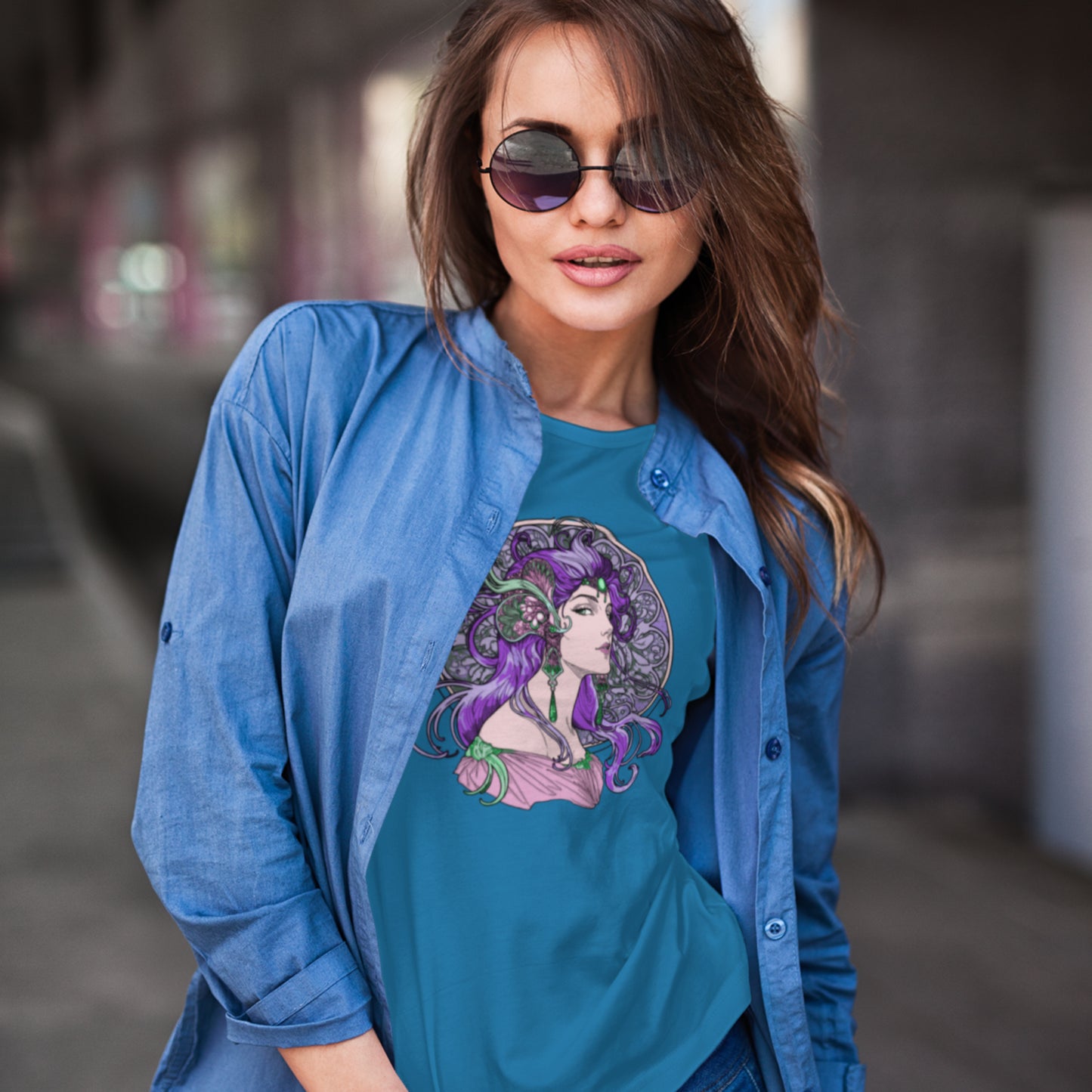 Alphonse Mucha-inspired Purple-haired Woman Unisex classic tee