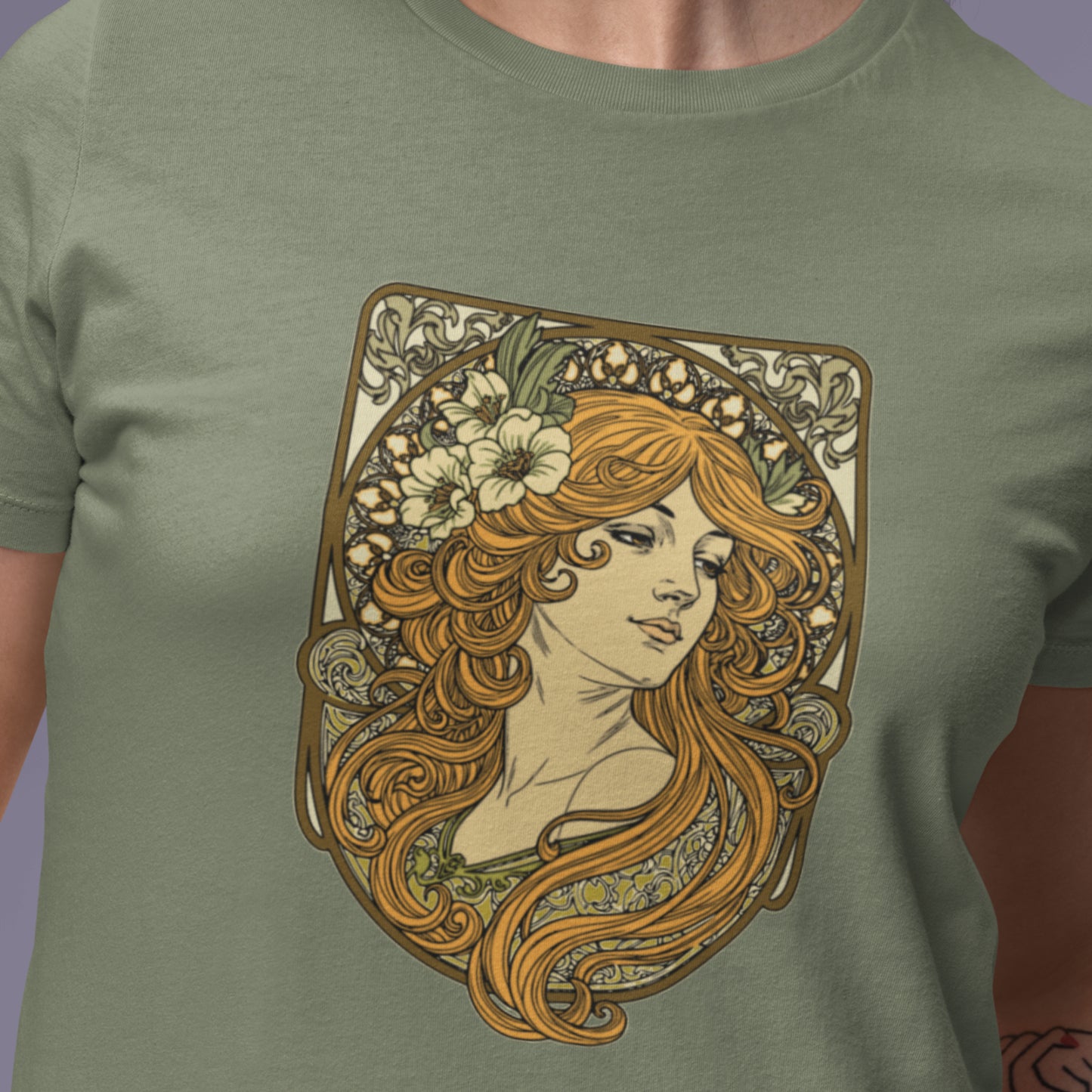 Alphonse Mucha-inspired Woman green/brown tones Unisex classic tee