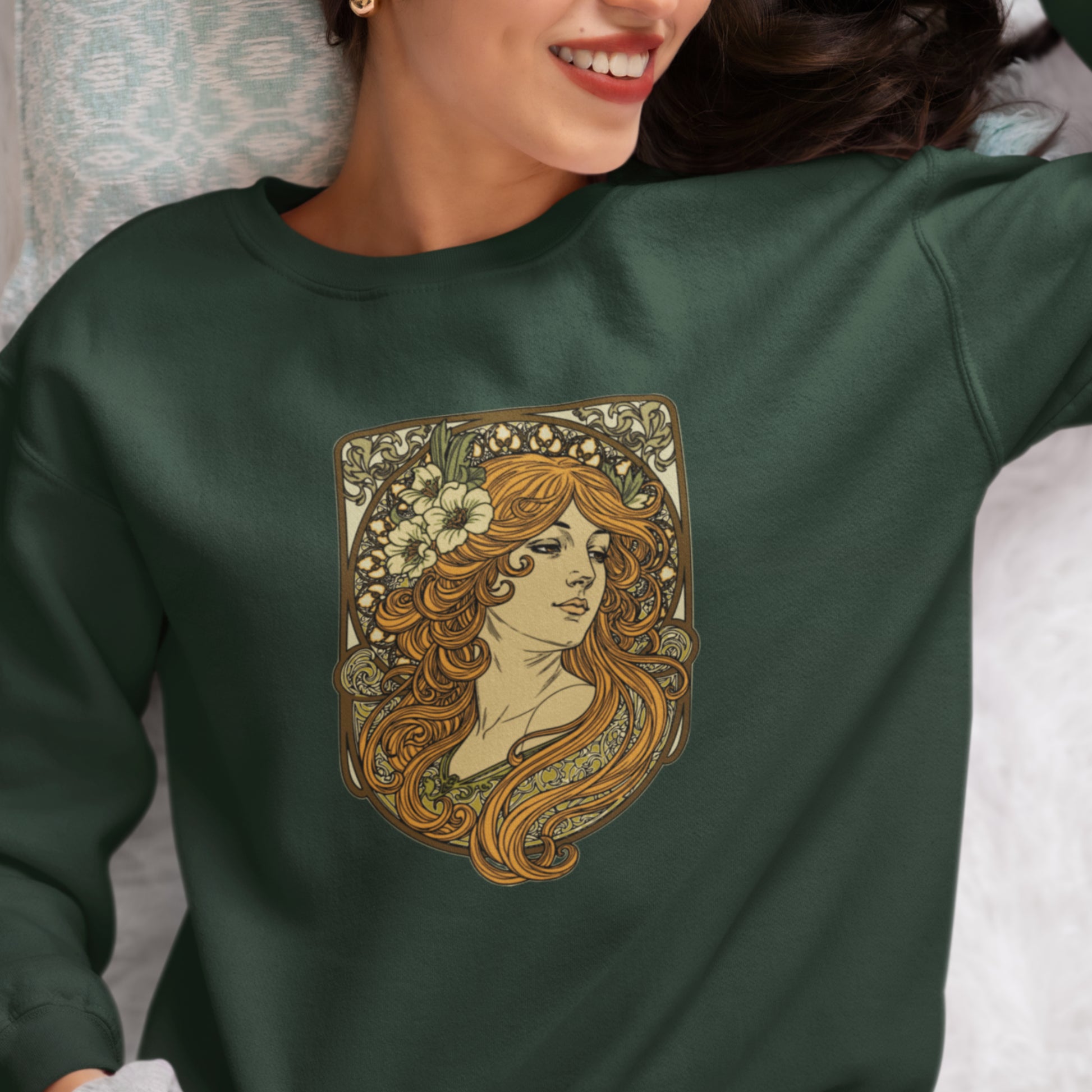 Alphonse Mucha-inspired Woman green/brown tones Unisex Sweatshirt