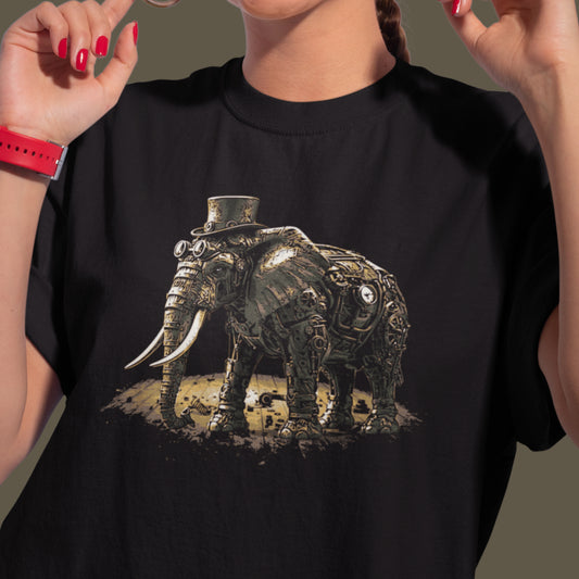 Steampunk Elephant Unisex t-shirt, mechanical pachyderm with top hat