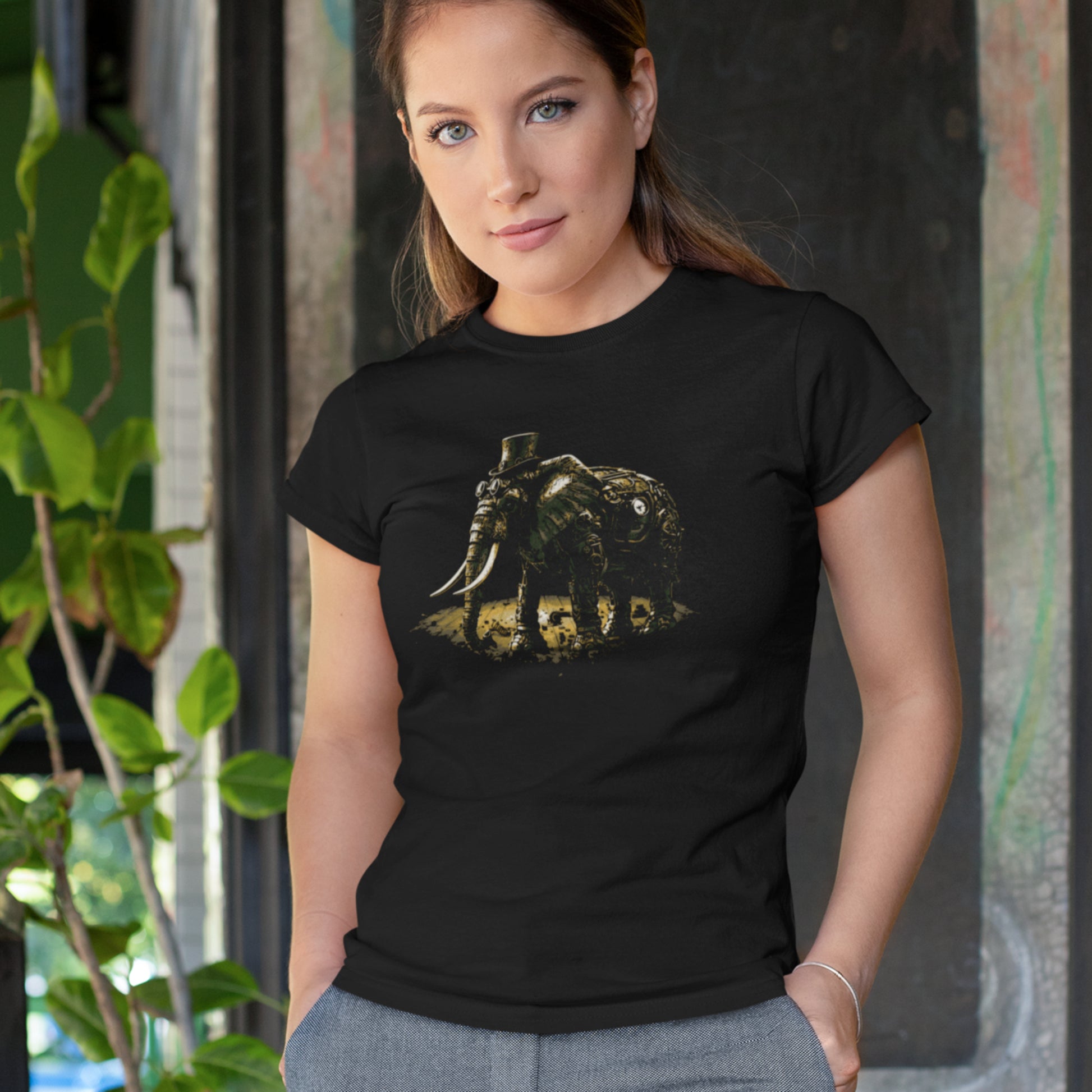 Steampunk Elephant Unisex t-shirt, mechanical pachyderm with top hat