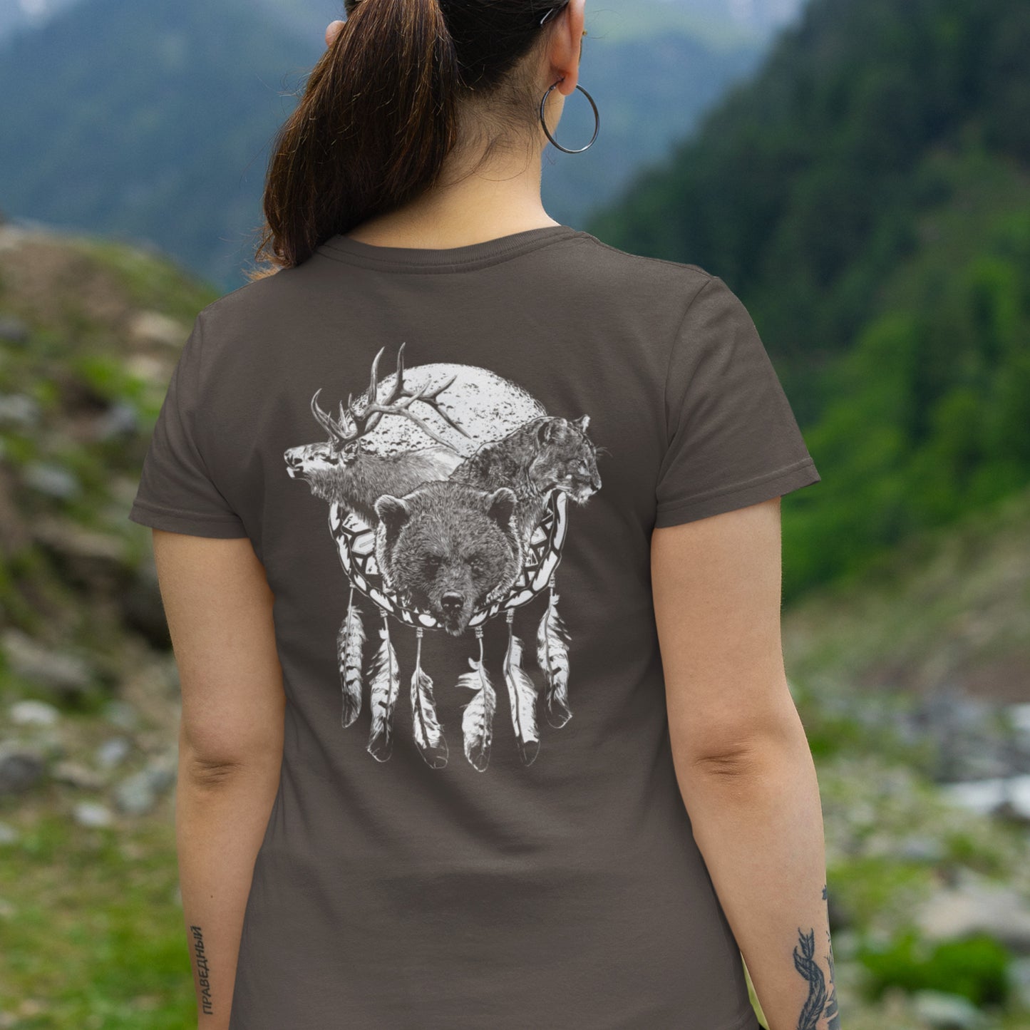 North American Wildlife Unisex Tee - featuring Bear, Elk, Cougar, Moon with Eagle Feathers, image on back at zoeysgarage.net