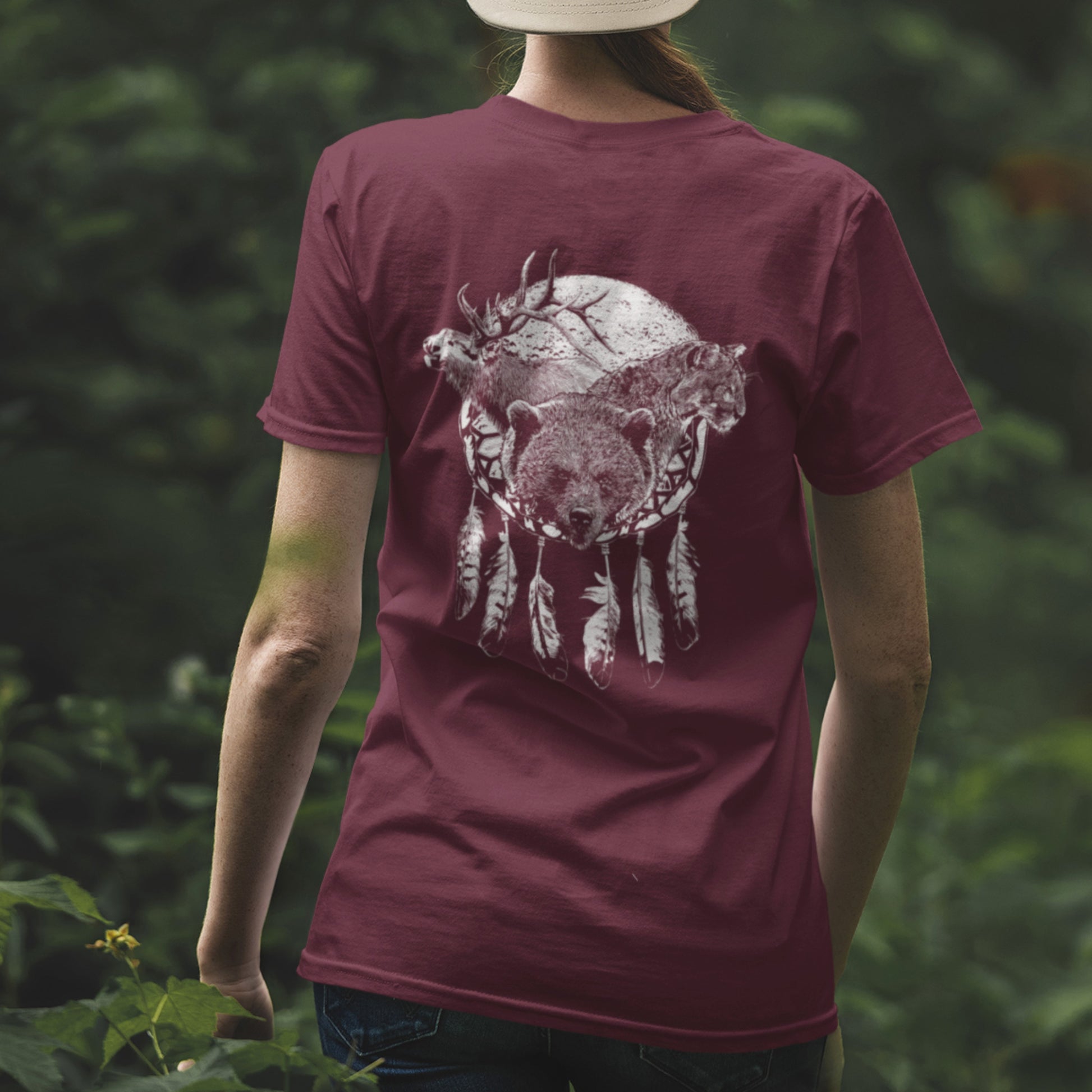 North American Wildlife Unisex Tee - featuring Bear, Elk, Cougar, Moon with Eagle Feathers, image on back at zoeysgarage.net
