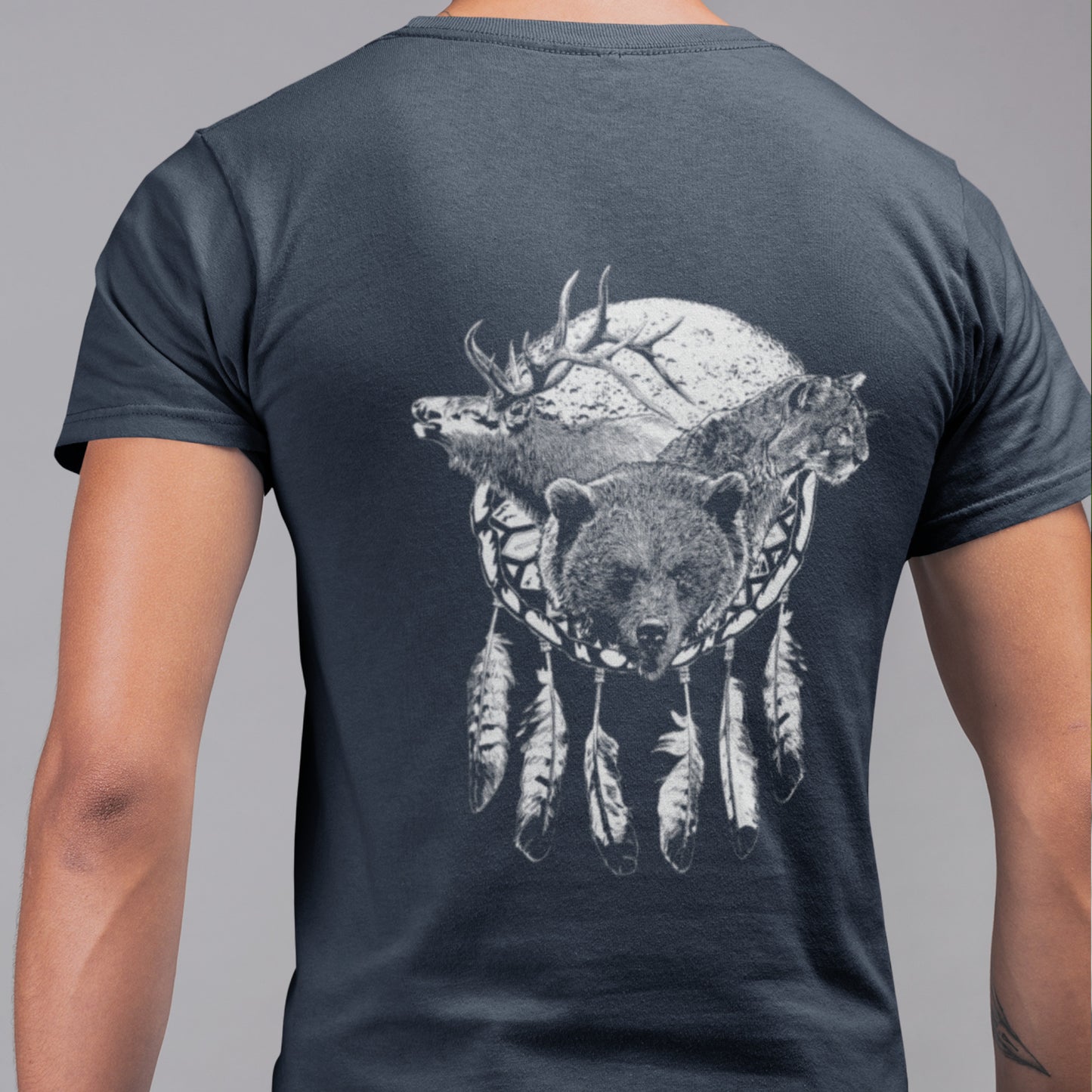 North American Wildlife Unisex Tee - featuring Bear, Elk, Cougar, Moon with Eagle Feathers, image on back