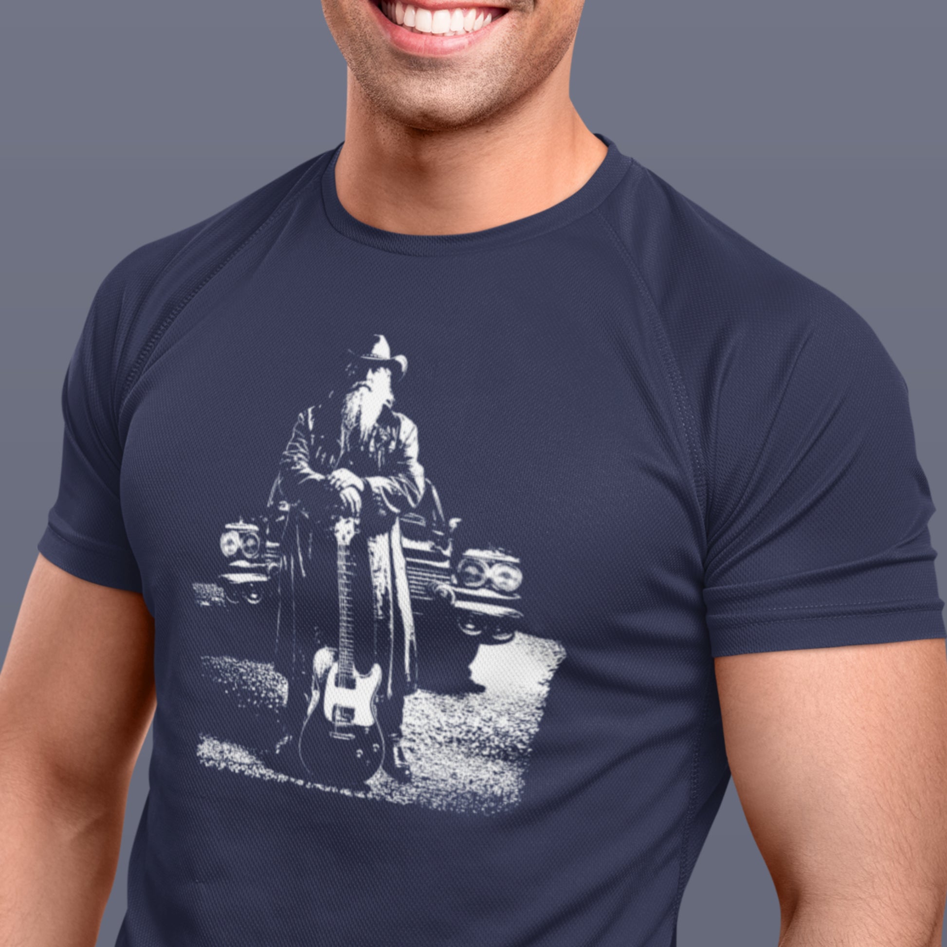 Old Man with Guitar and Classic Car Unisex Tee
