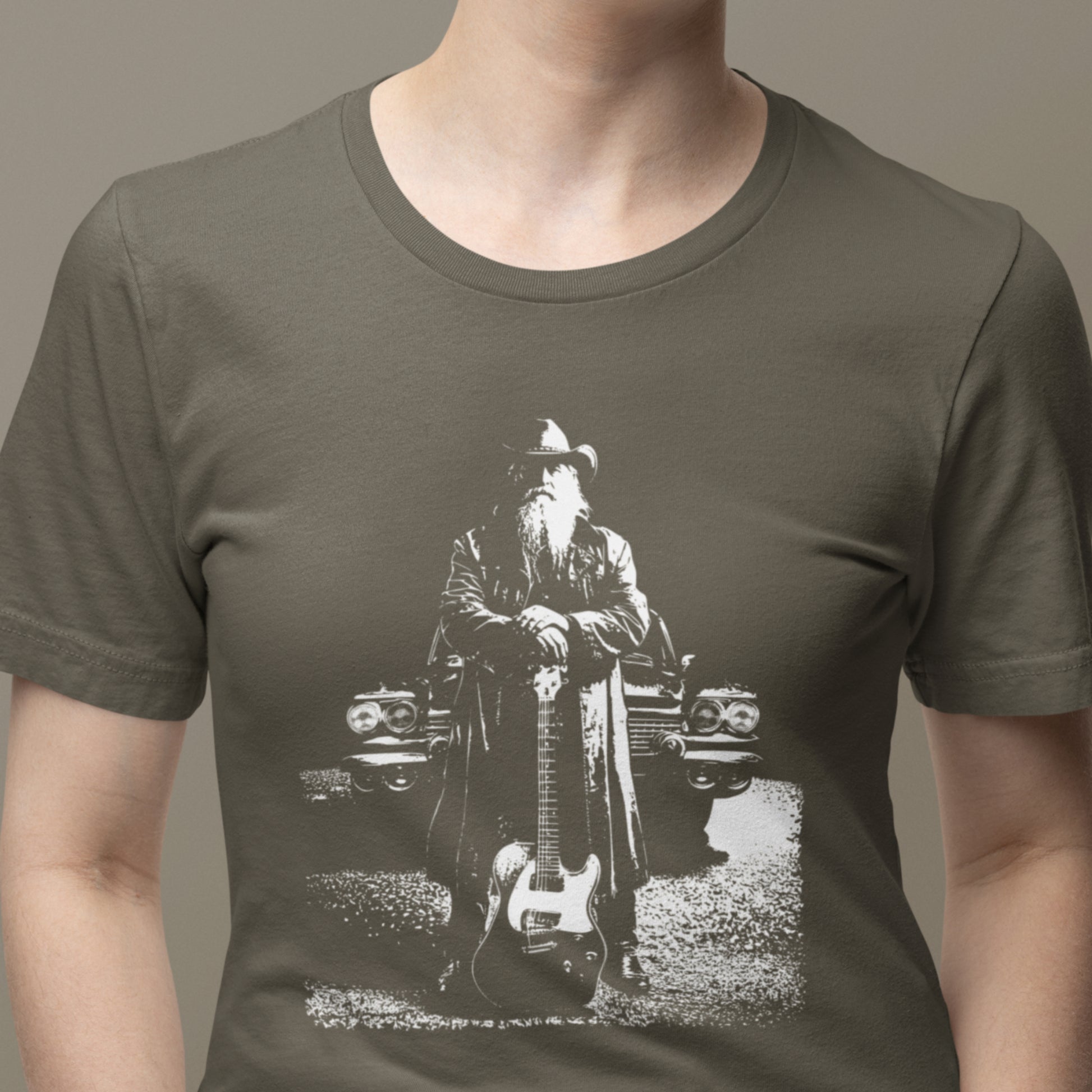 Old Man with Guitar and Classic Car Unisex Tee