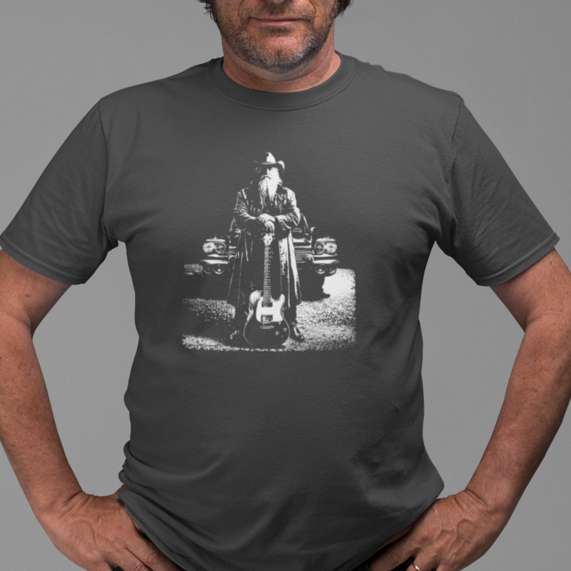 Old Man with Guitar and Classic Car Unisex Tee