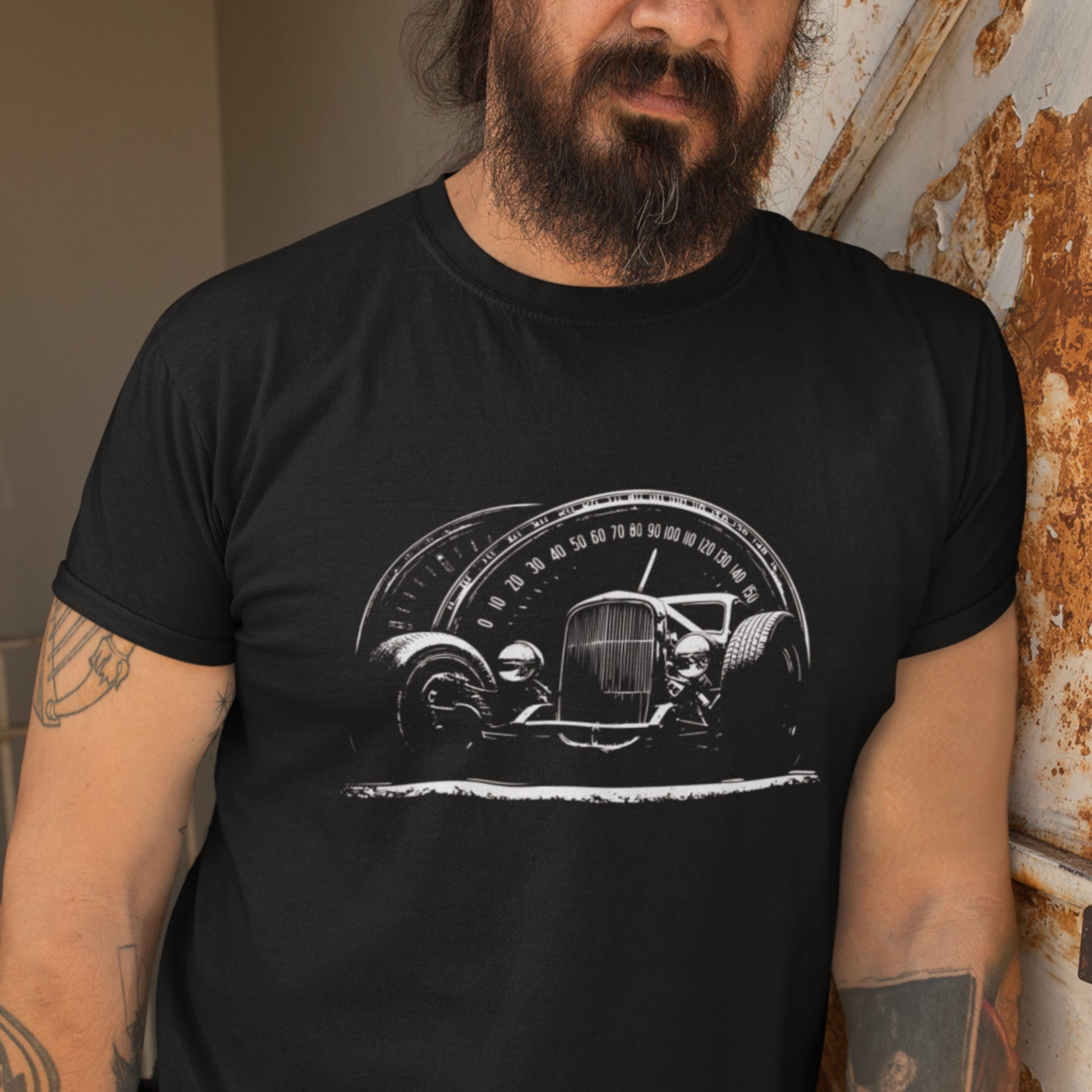Classic car shirt featuring 30's-era hot rod with speedometer background