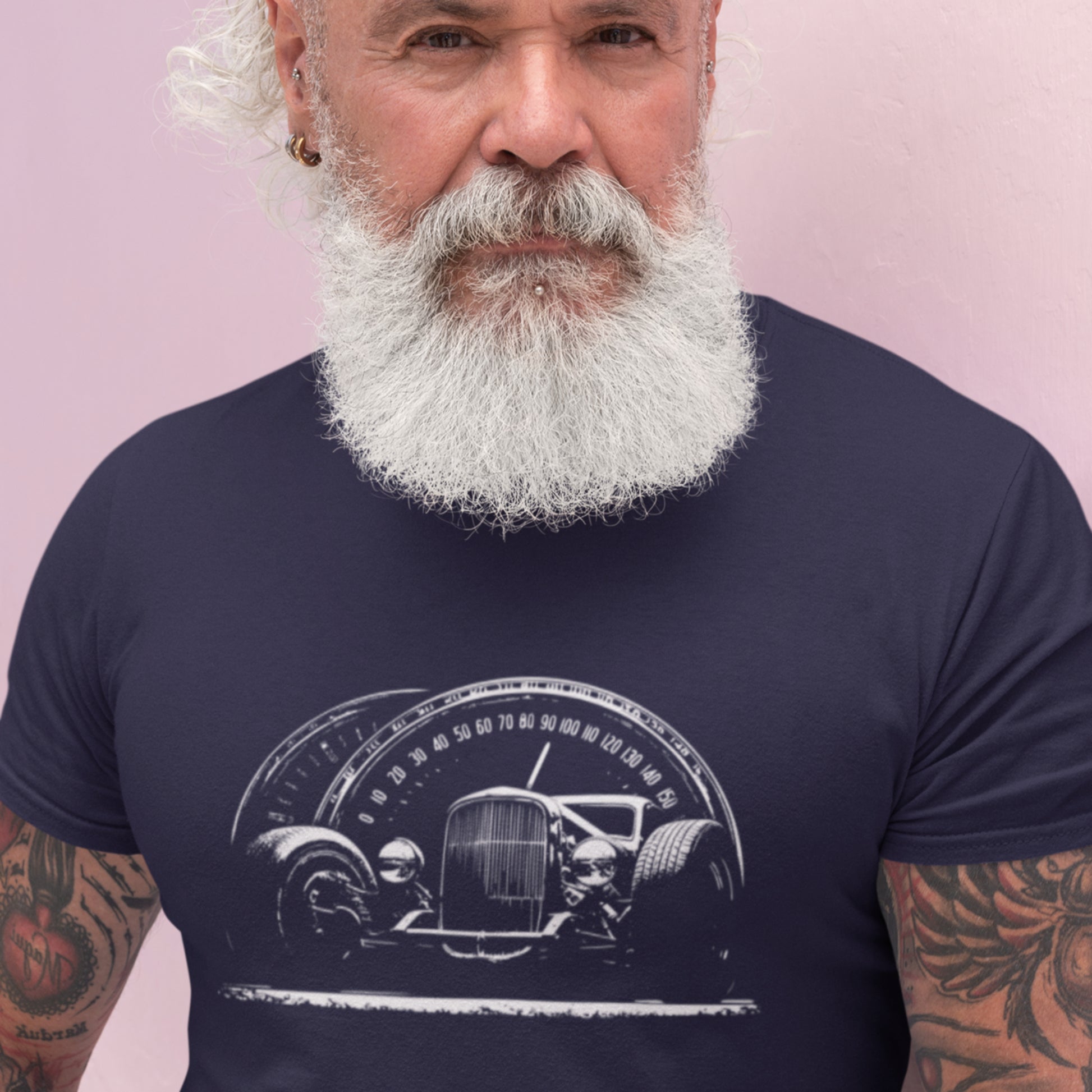 Classic car shirt featuring 30's-era hot rod with speedometer background