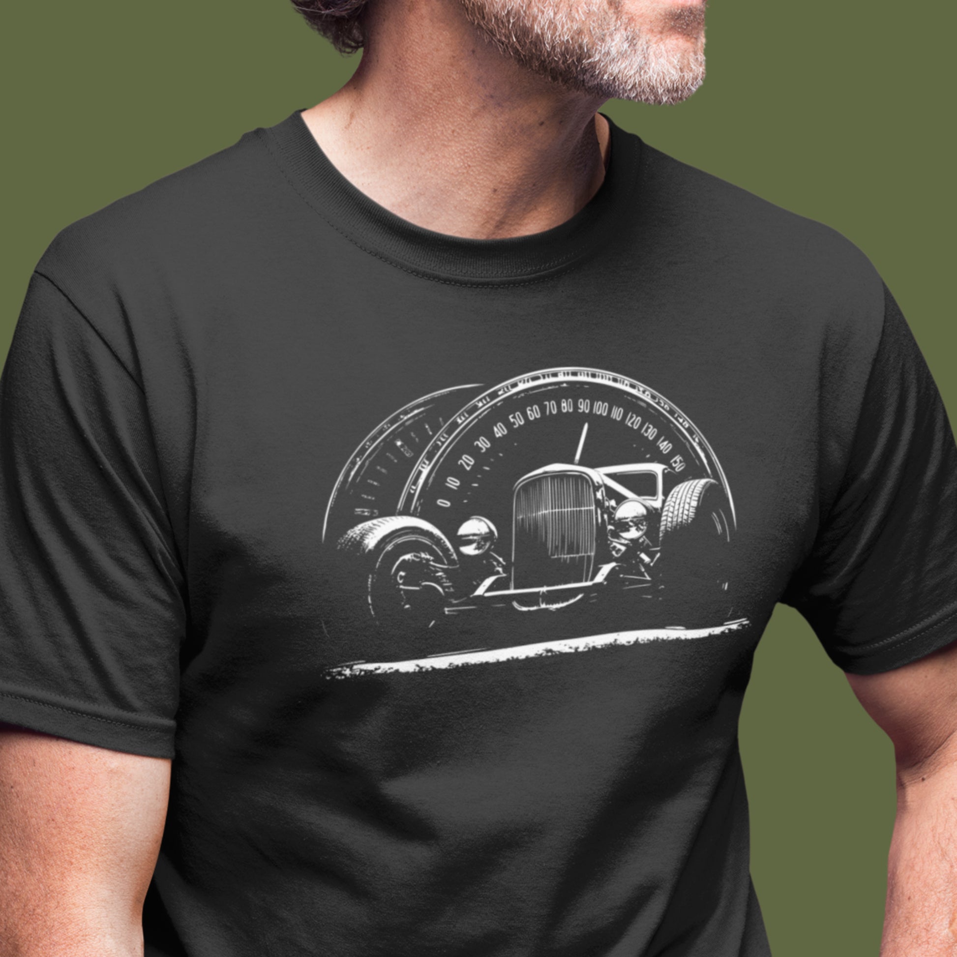 Classic car shirt featuring 30's-era hot rod with speedometer background