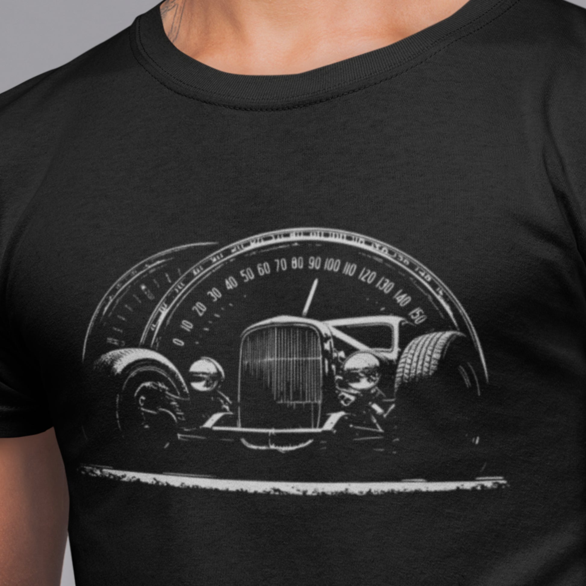 Classic car shirt featuring 30's-era hot rod with speedometer background