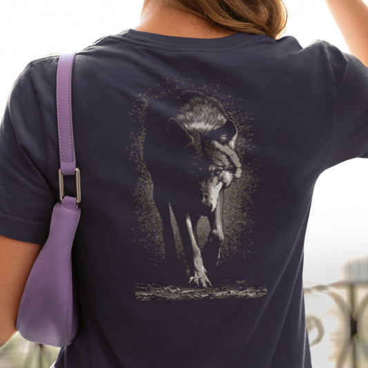 Stalking Wolf Unisex t-shirt - A hunting gray wolf image on back of shirt