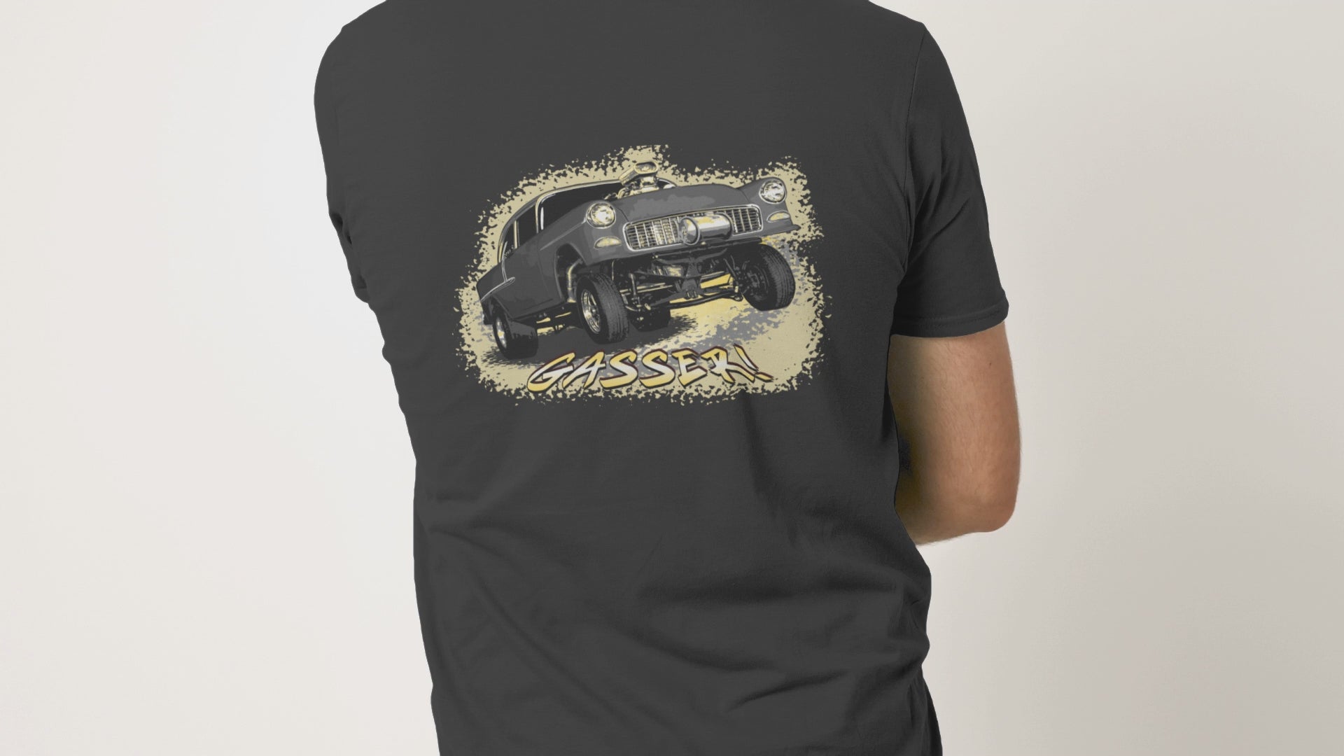 Classic Car Shirt featuring a black 1955 Chevy Gasser - Unisex t-shirt, 1950s 1960s racer, image on back