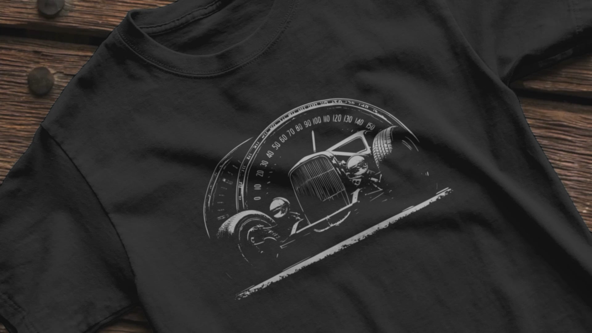 Classic car shirt featuring 30's-era hot rod with speedometer background