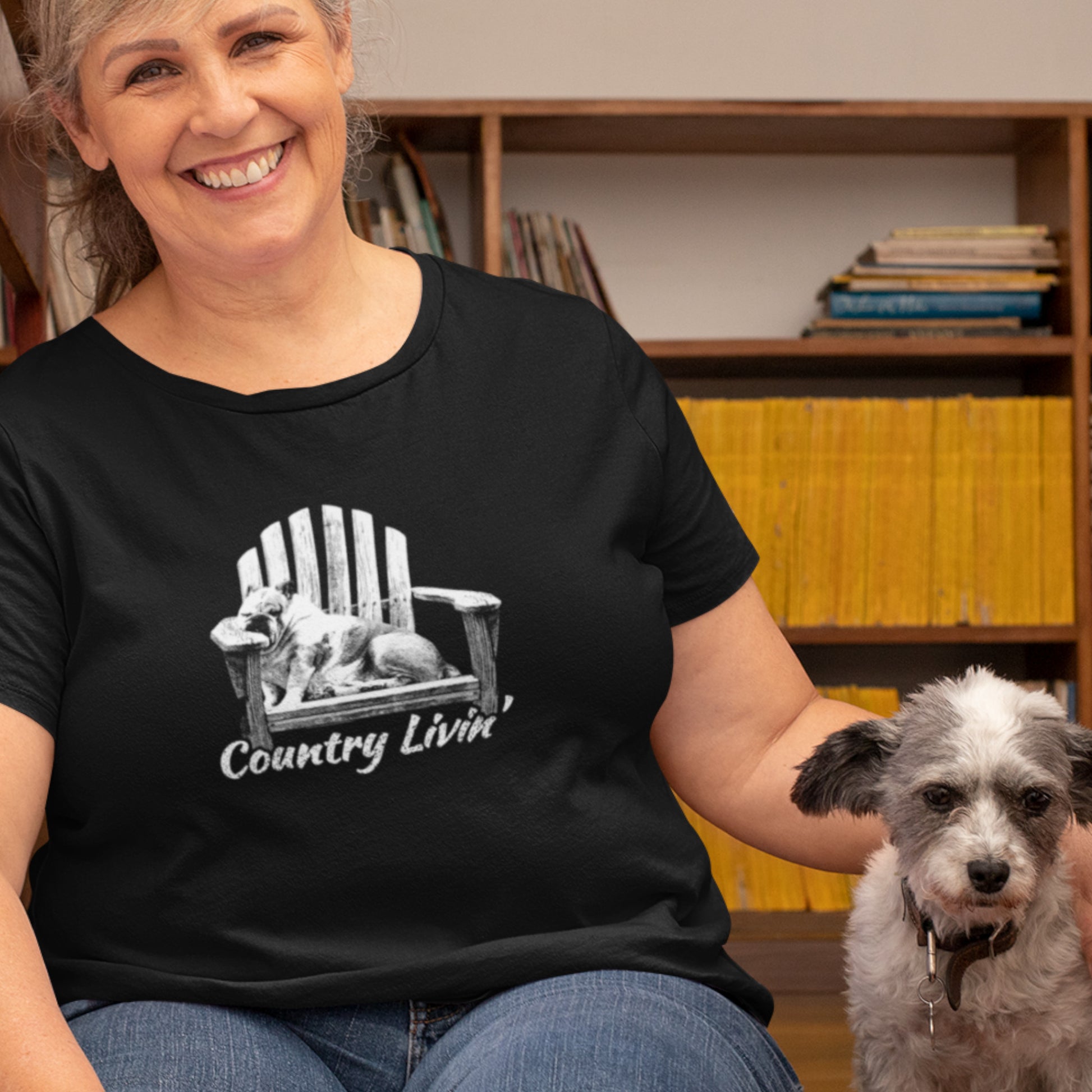 Country Livin' Short-Sleeve Dark Color Unisex T-Shirt, Sleeping Dog in Adirondack Chair