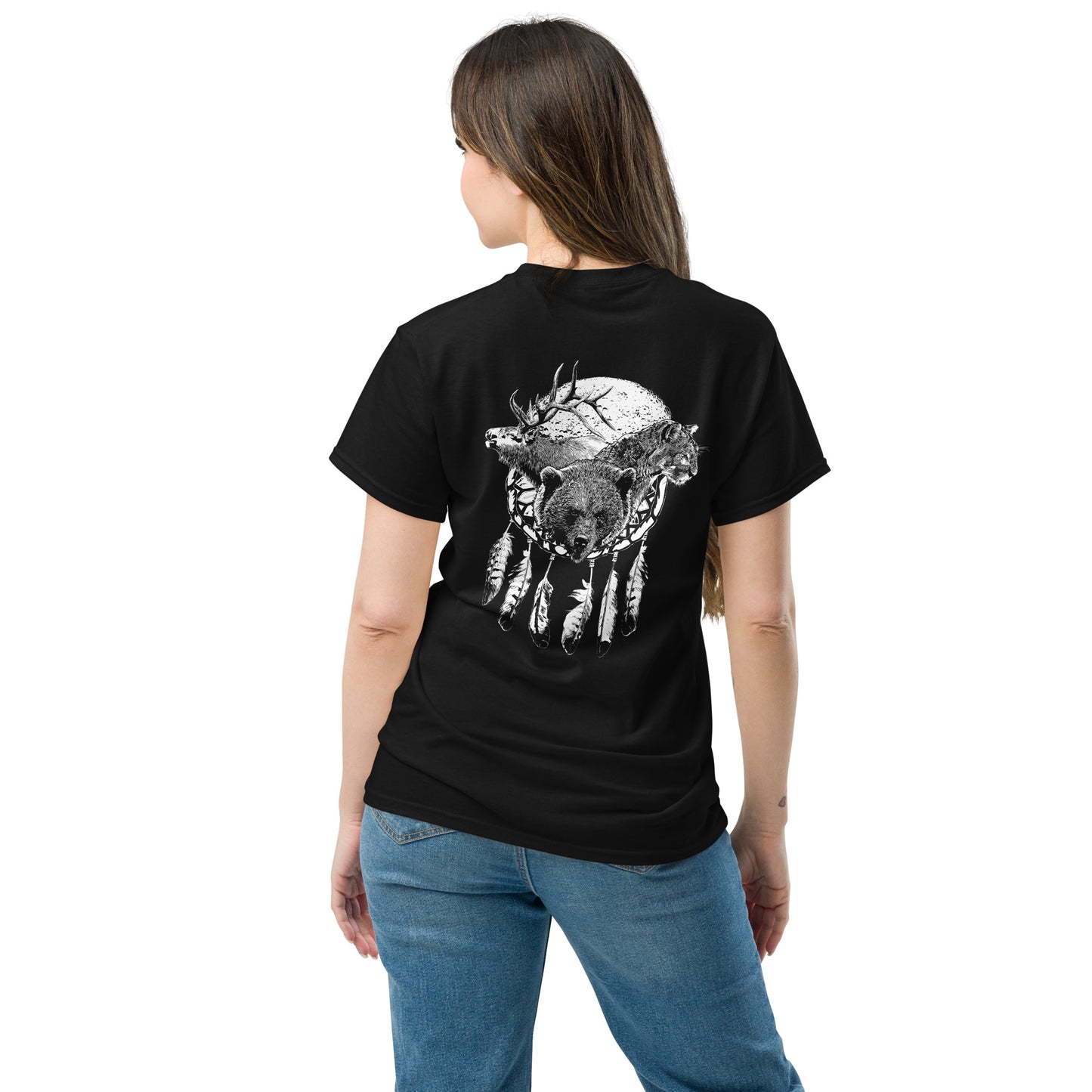 North American Wildlife Unisex Tee - featuring Bear, Elk, Cougar, Moon with Eagle Feathers, image on back