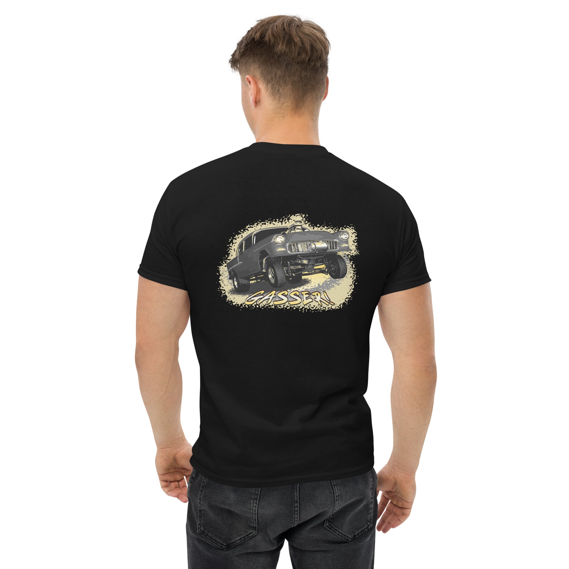 Classic Car Shirt featuring a black 1955 Chevy Gasser - Unisex t-shirt, 1950s 1960s racer, image on back