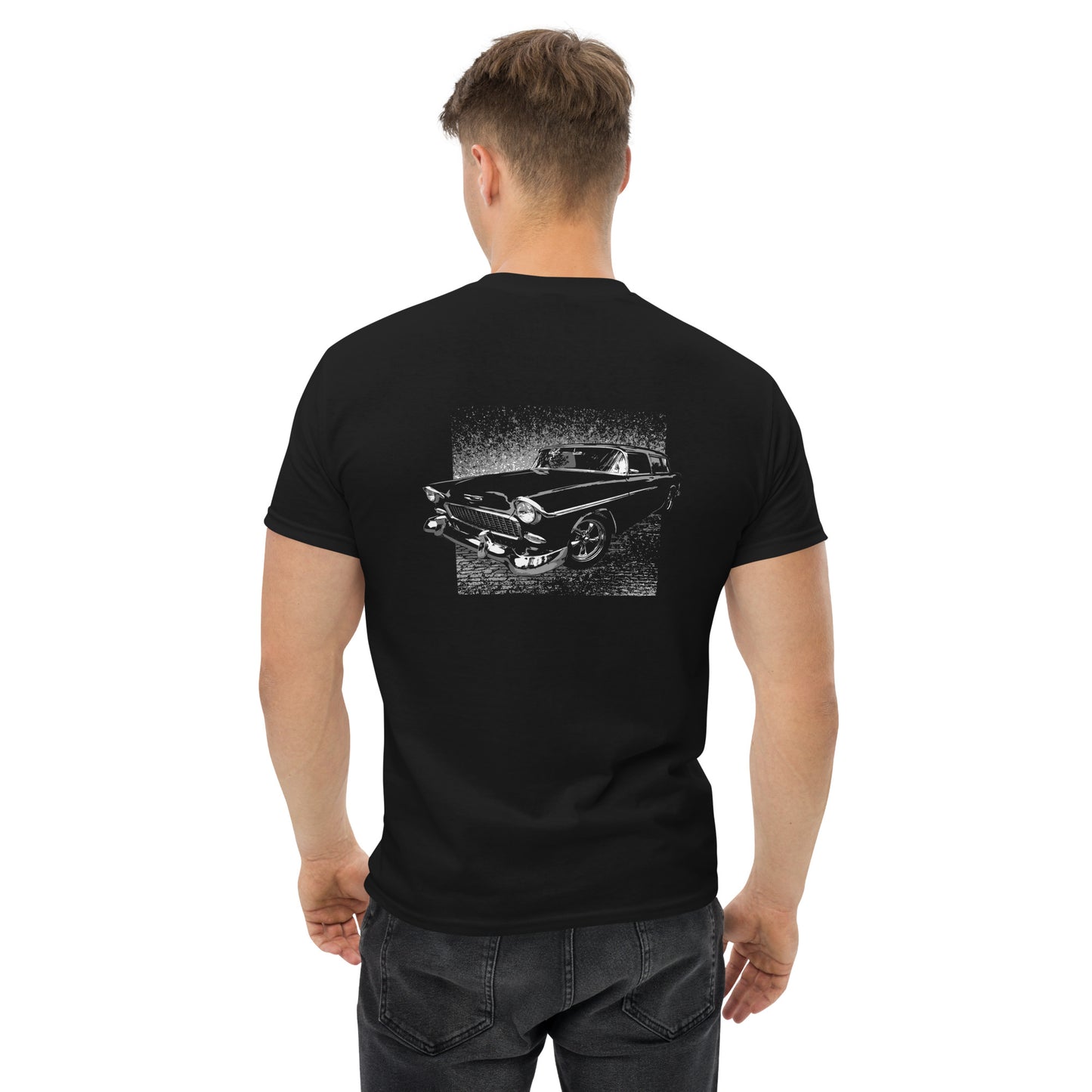 Classic Car shirt featuring a 55 Chevy Nomad. Unisex classic tee with image on back.