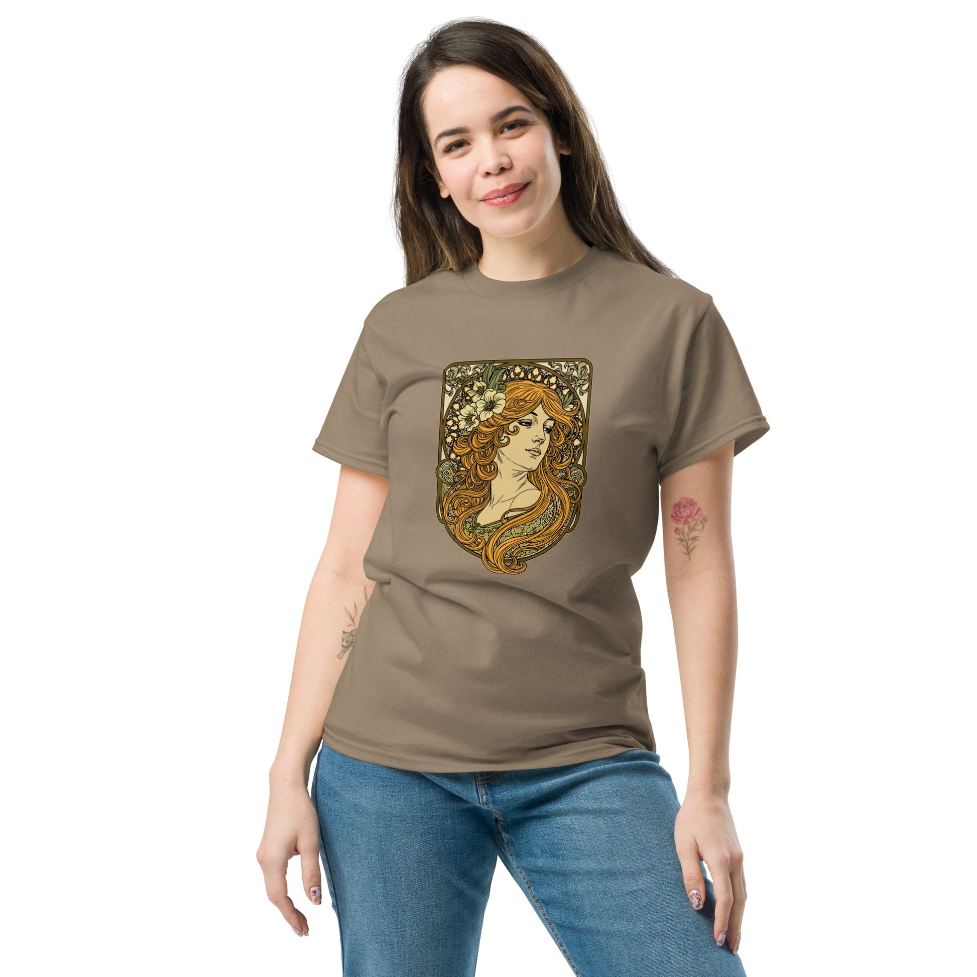 Alphonse Mucha-inspired Woman green/brown tones Unisex classic tee