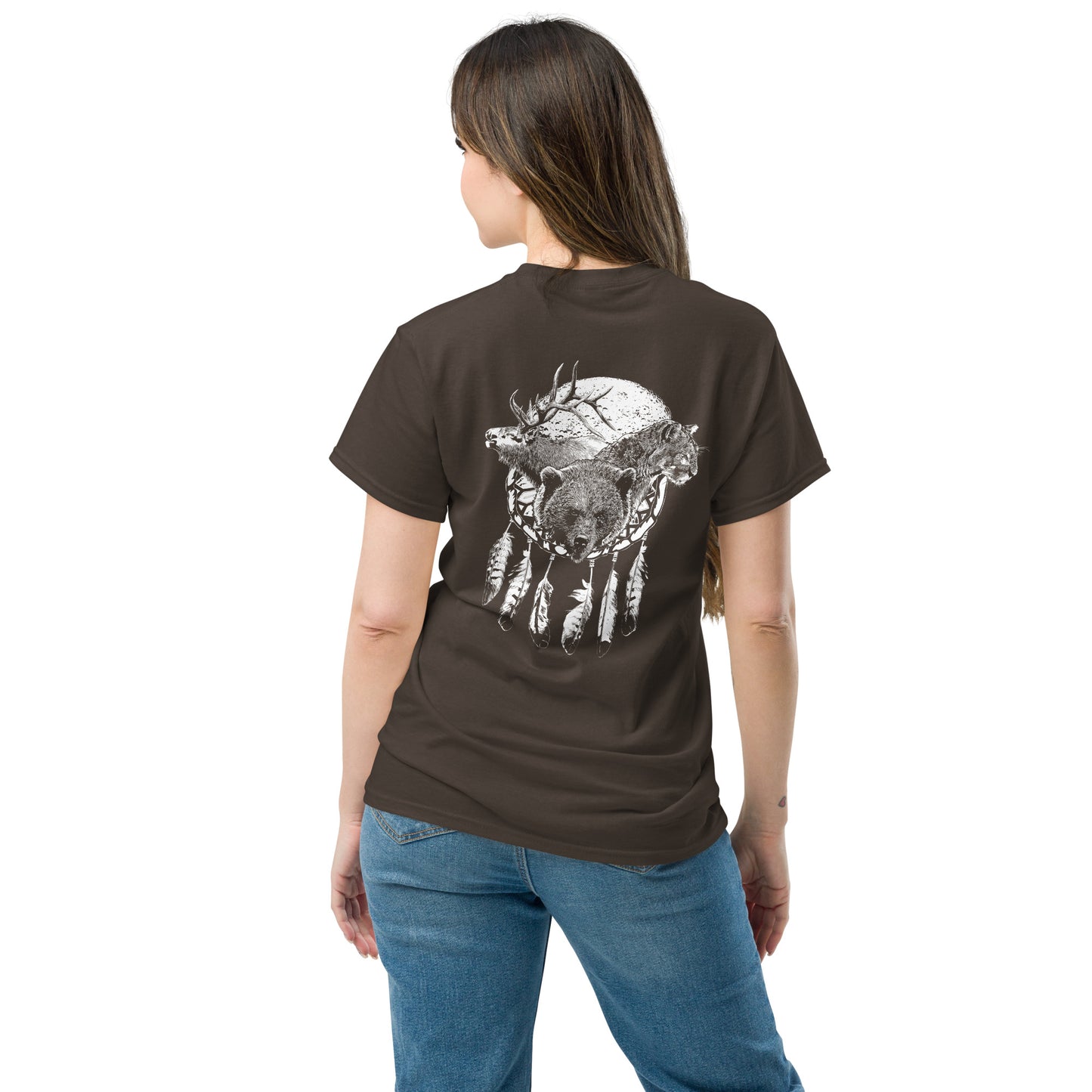 North American Wildlife Unisex Tee - featuring Bear, Elk, Cougar, Moon with Eagle Feathers, image on back