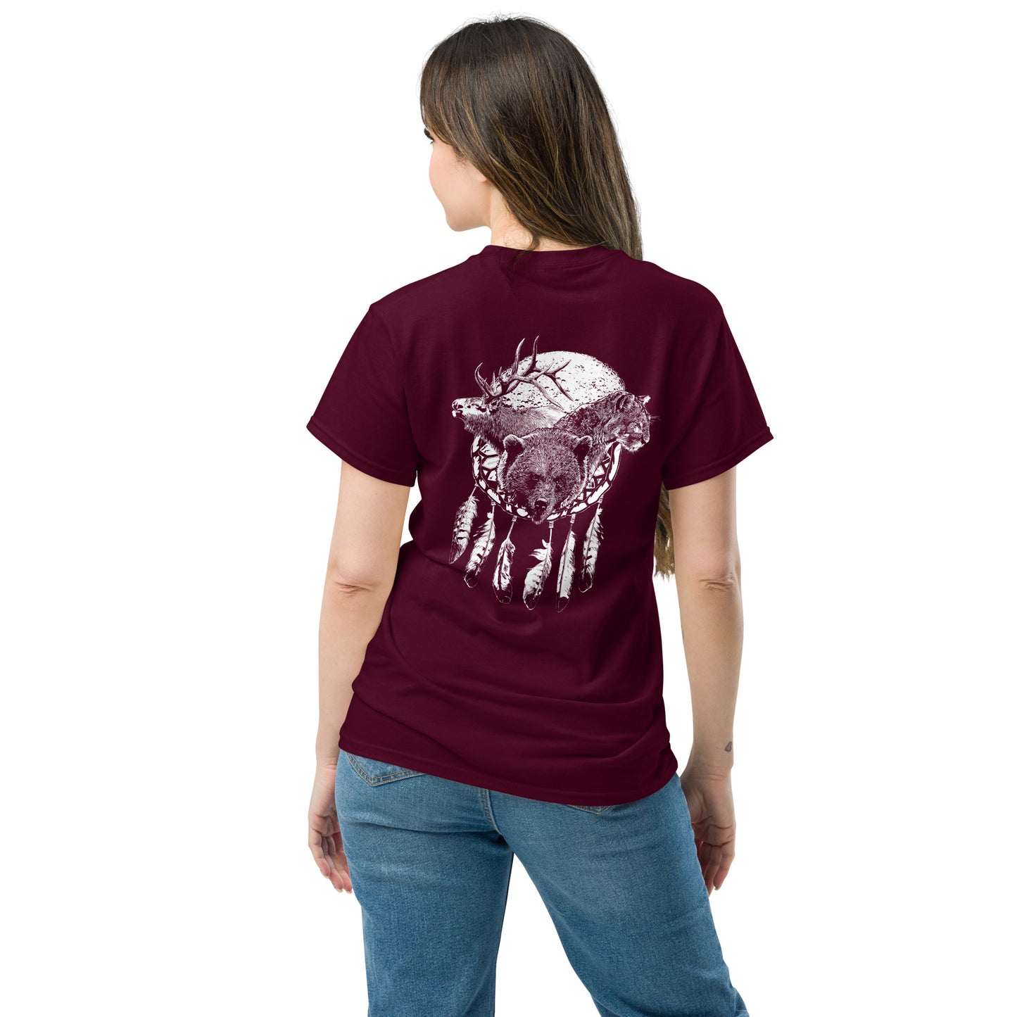 North American Wildlife Unisex Tee - featuring Bear, Elk, Cougar, Moon with Eagle Feathers, image on back