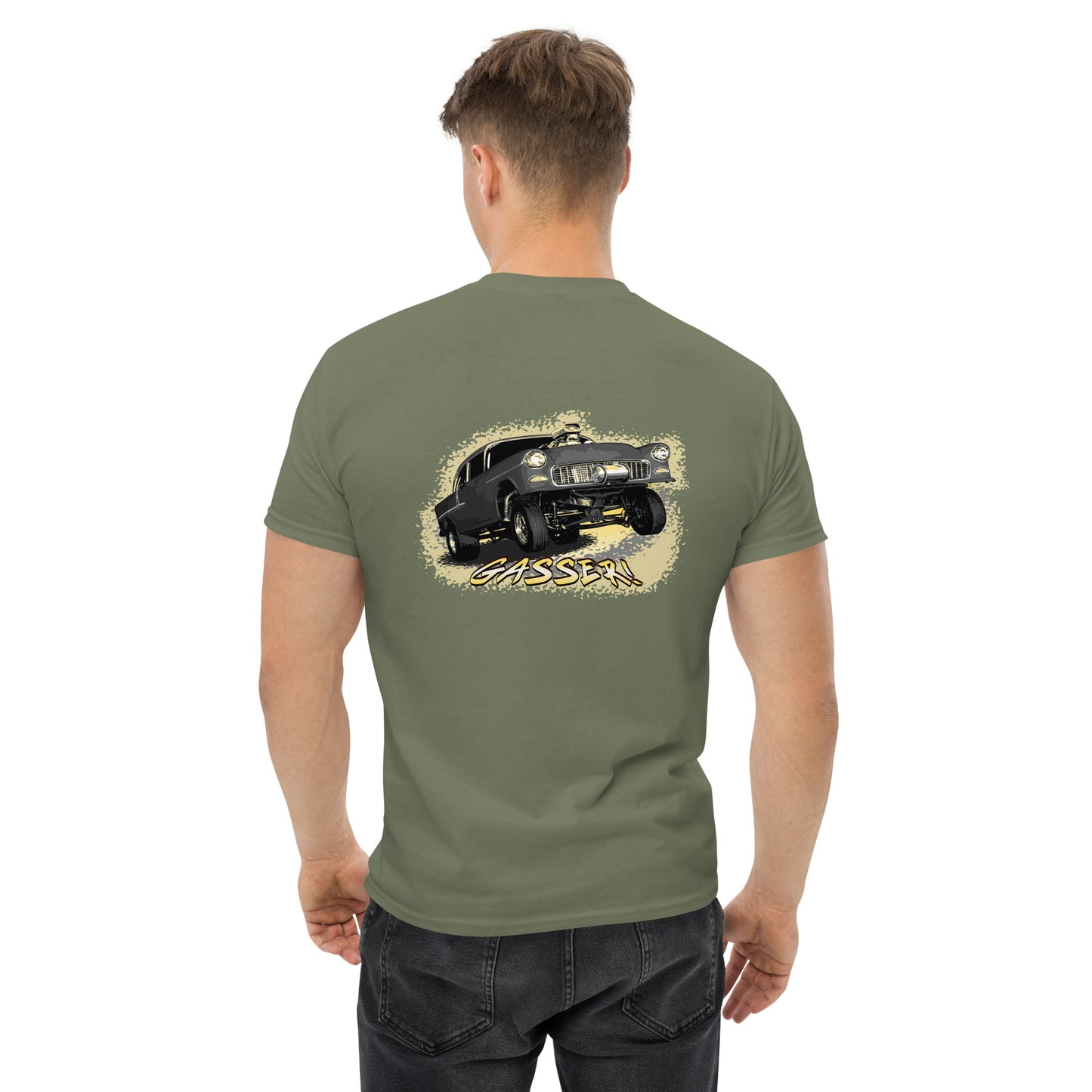 Classic Car Shirt featuring a black 1955 Chevy Gasser - Unisex t-shirt, 1950s 1960s racer, image on back