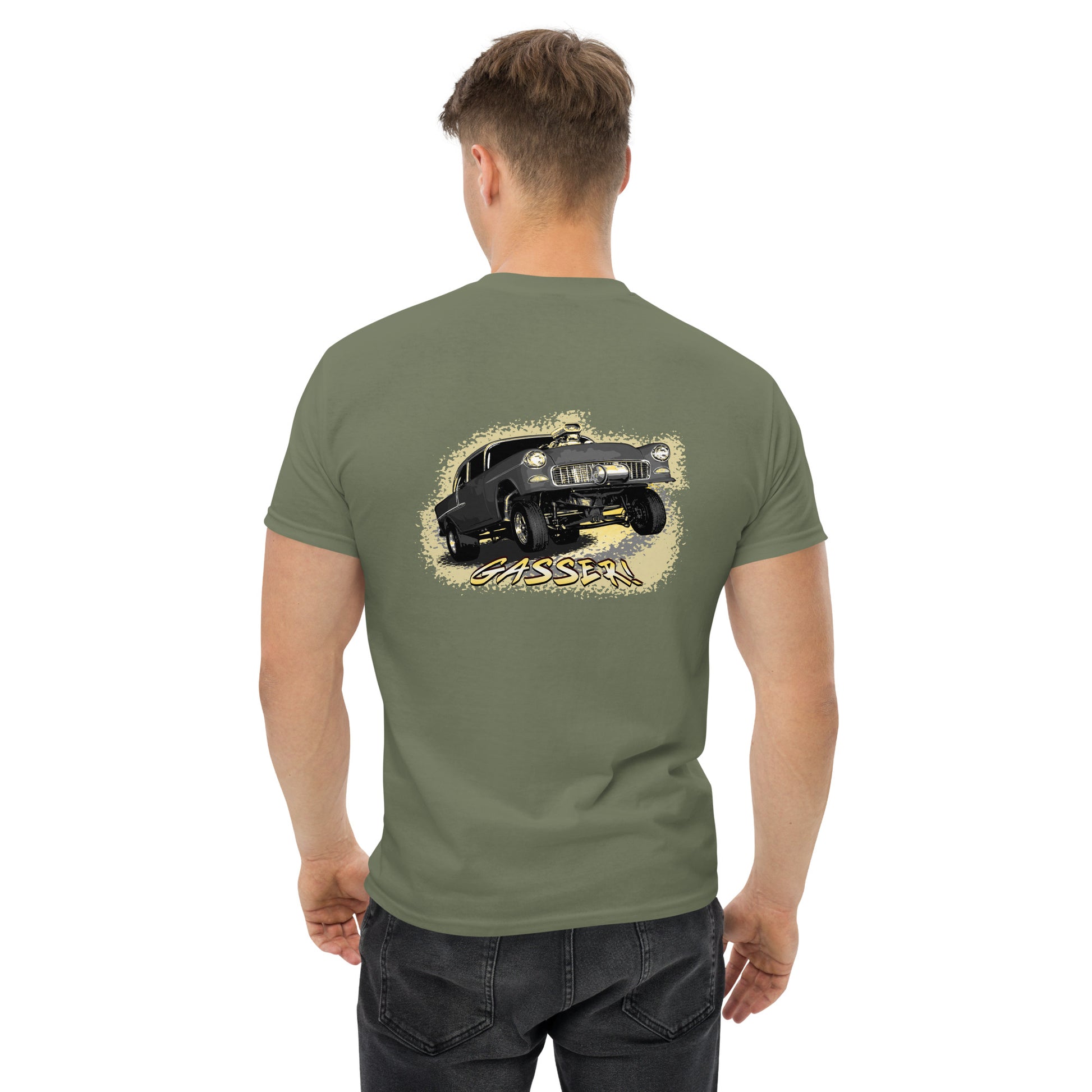 Classic Car Shirt featuring a black 1955 Chevy Gasser - Unisex t-shirt, 1950s 1960s racer, image on back