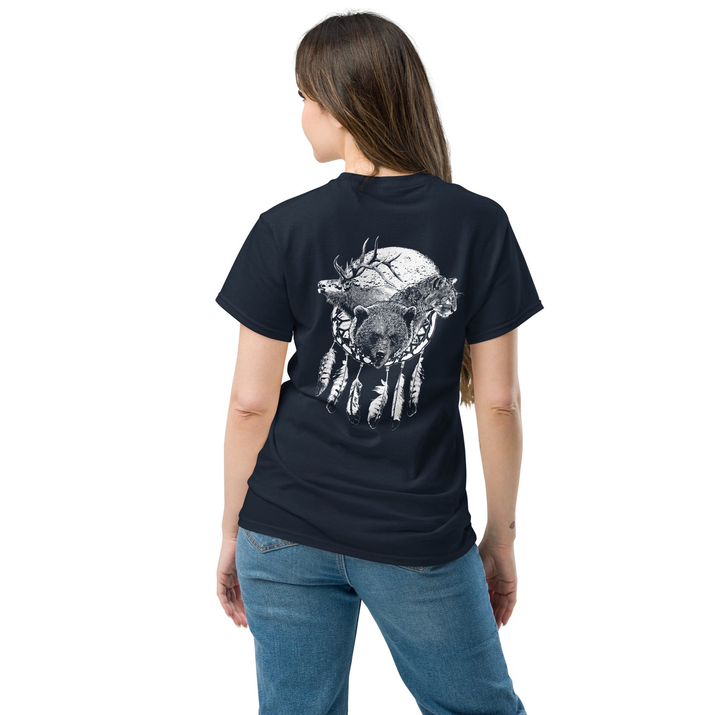 North American Wildlife Unisex Tee - featuring Bear, Elk, Cougar, Moon with Eagle Feathers, image on back