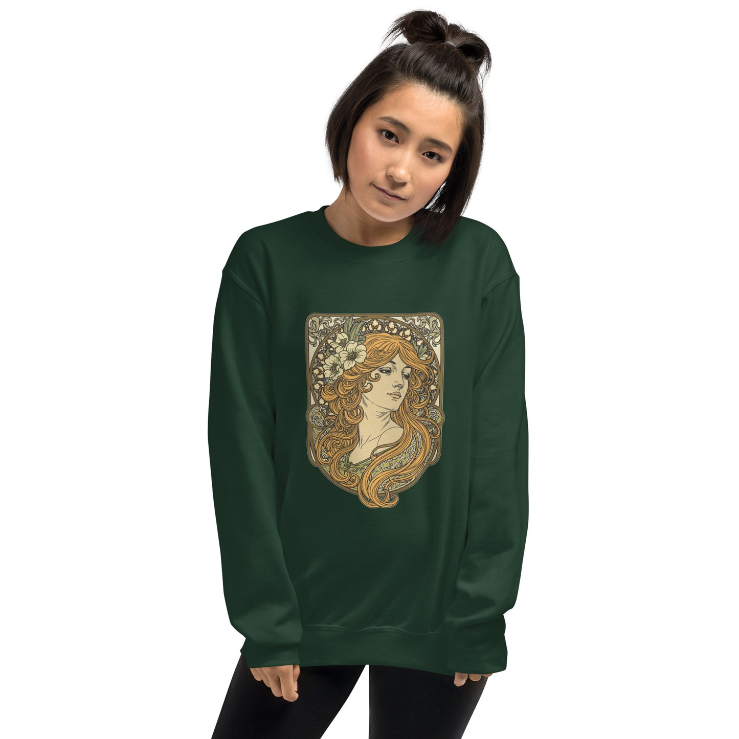 Alphonse Mucha-inspired Woman green/brown tones Unisex Sweatshirt