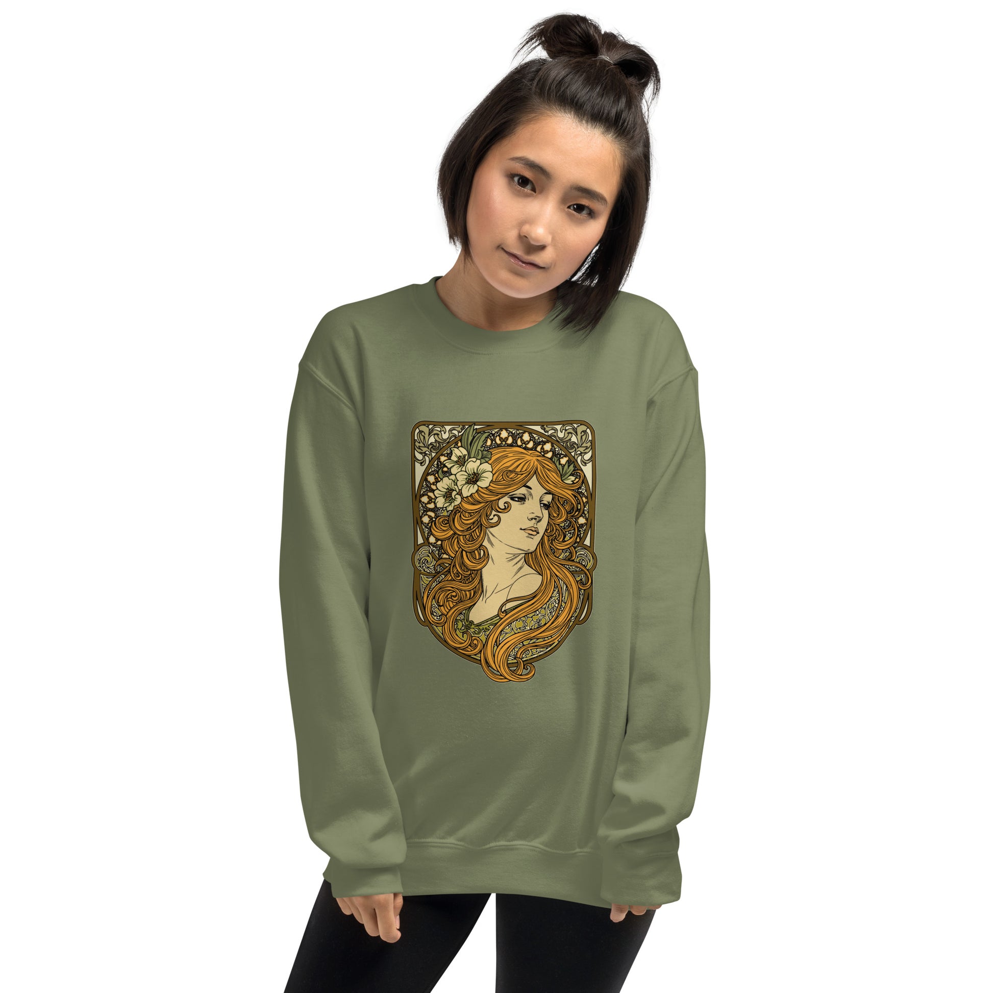 Alphonse Mucha-inspired Woman green/brown tones Unisex Sweatshirt