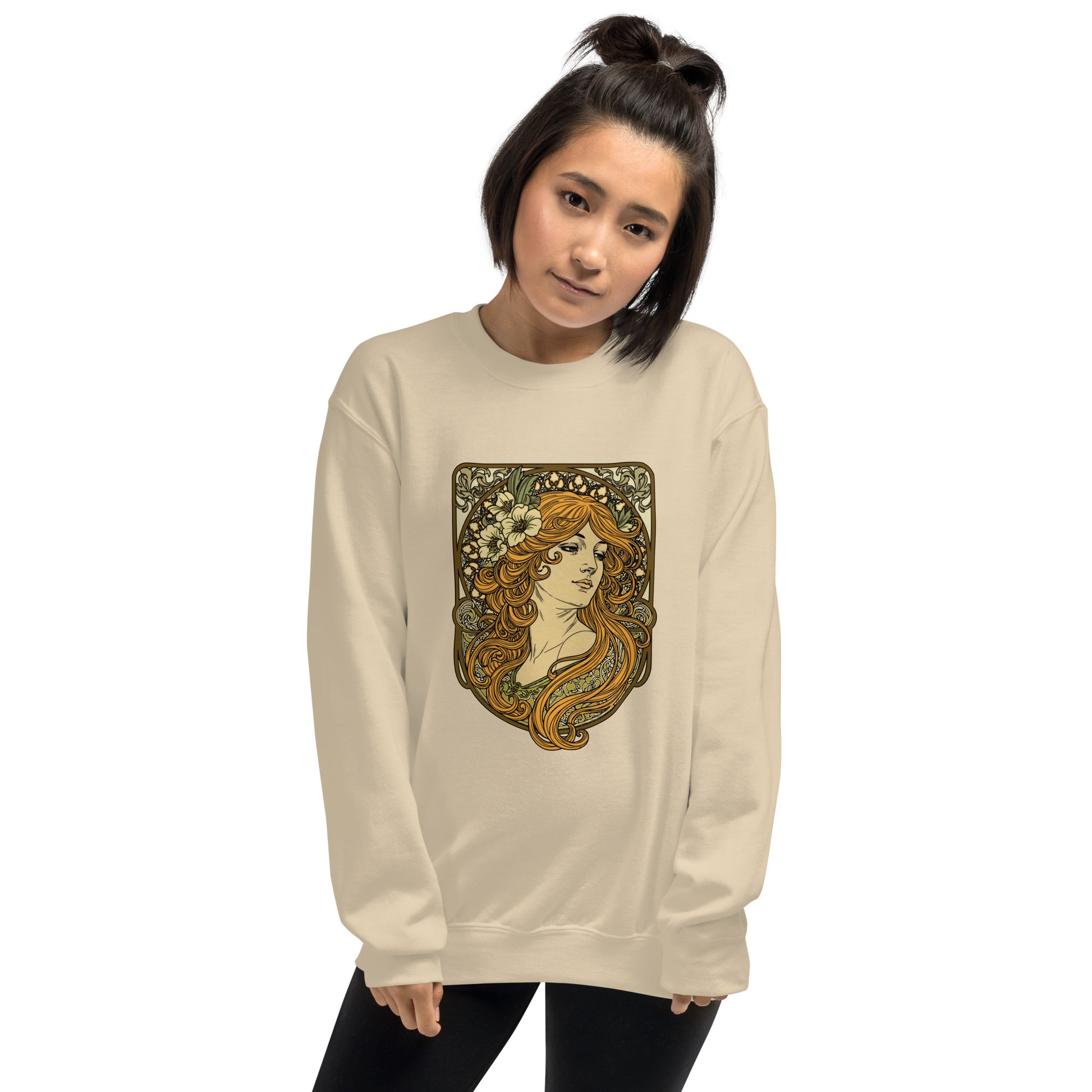 Alphonse Mucha-inspired Woman green/brown tones Unisex Sweatshirt