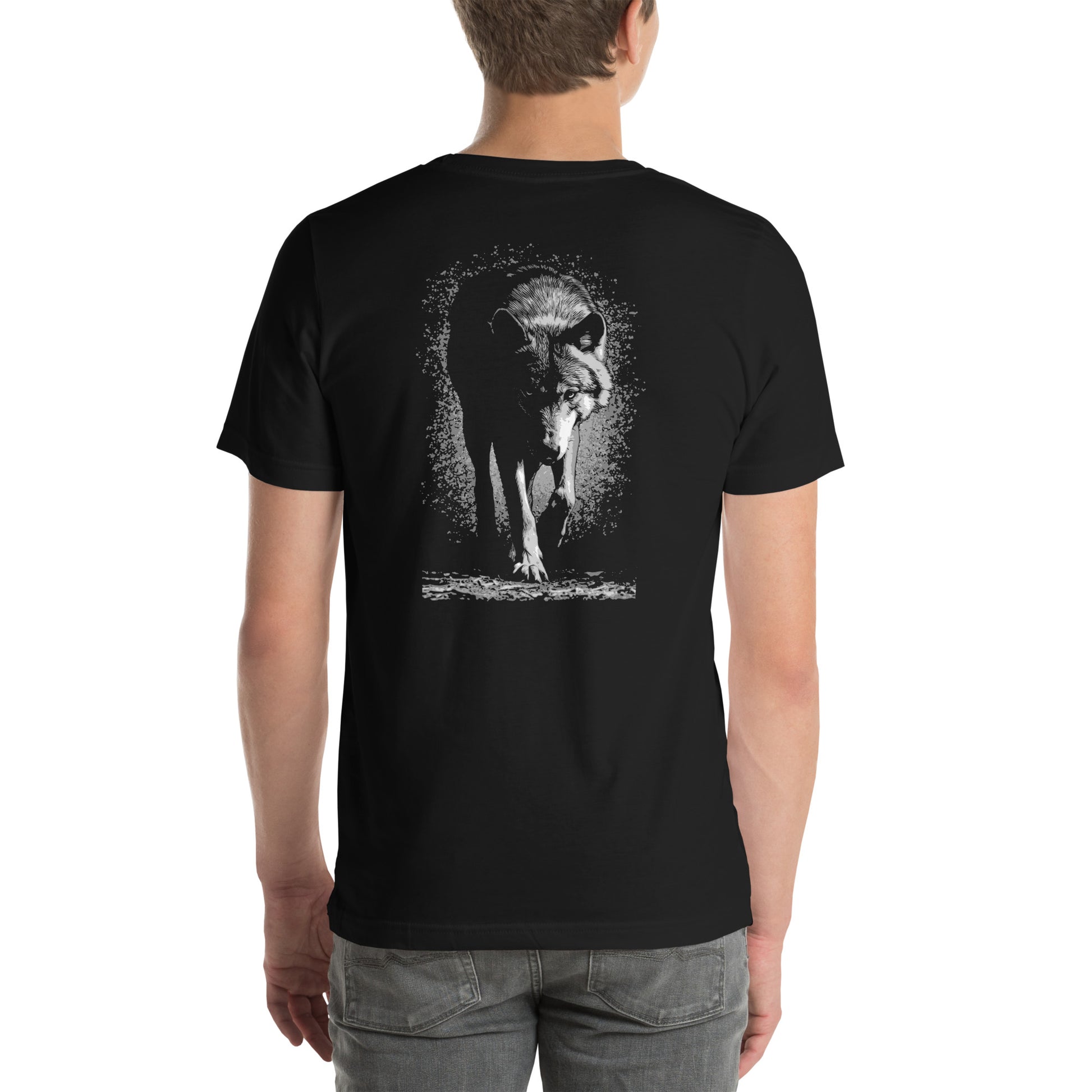 Stalking Wolf Unisex t-shirt - A hunting gray wolf image on back of shirt