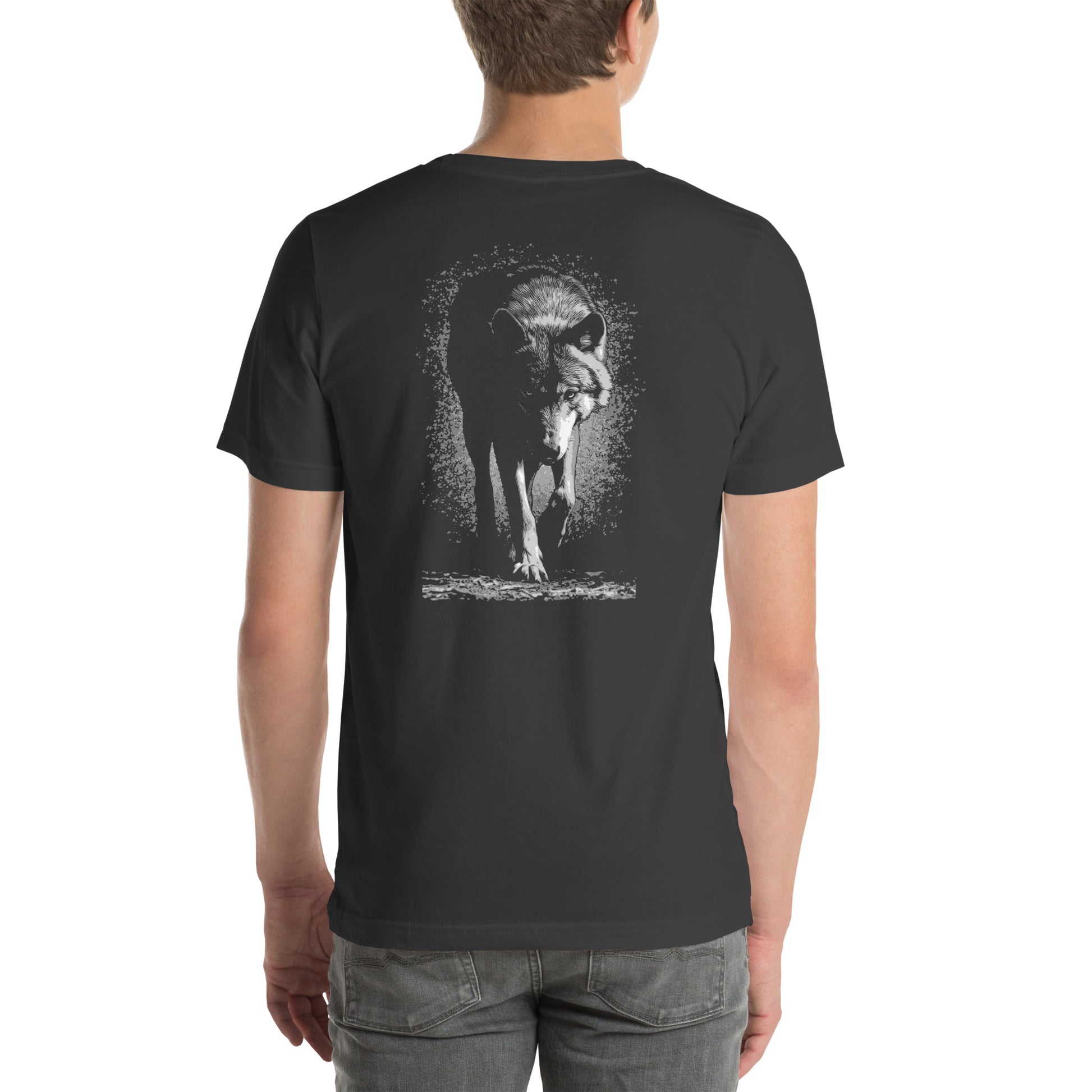 Stalking Wolf Unisex t-shirt - A hunting gray wolf image on back of shirt