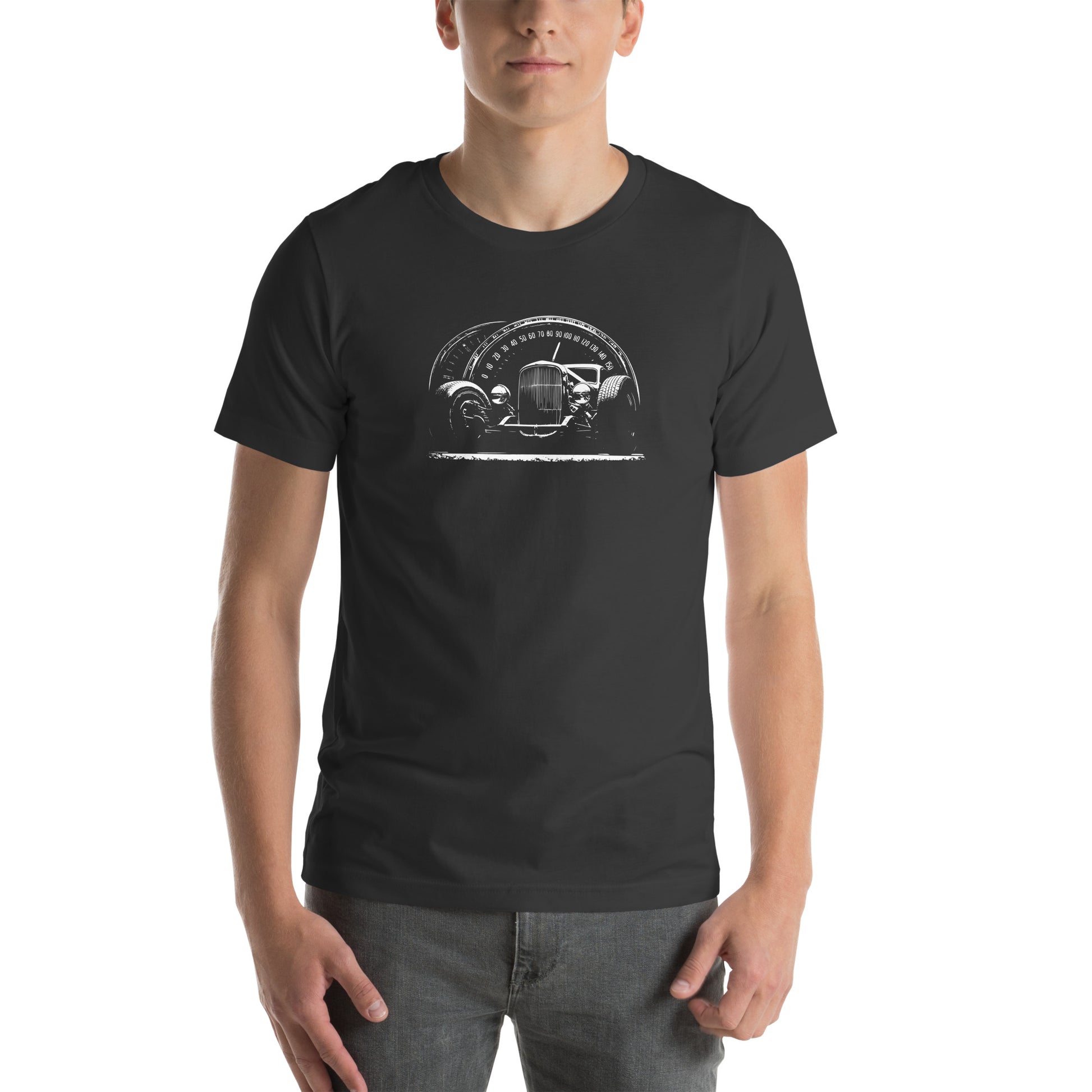 Classic car shirt featuring 30's-era hot rod with speedometer background