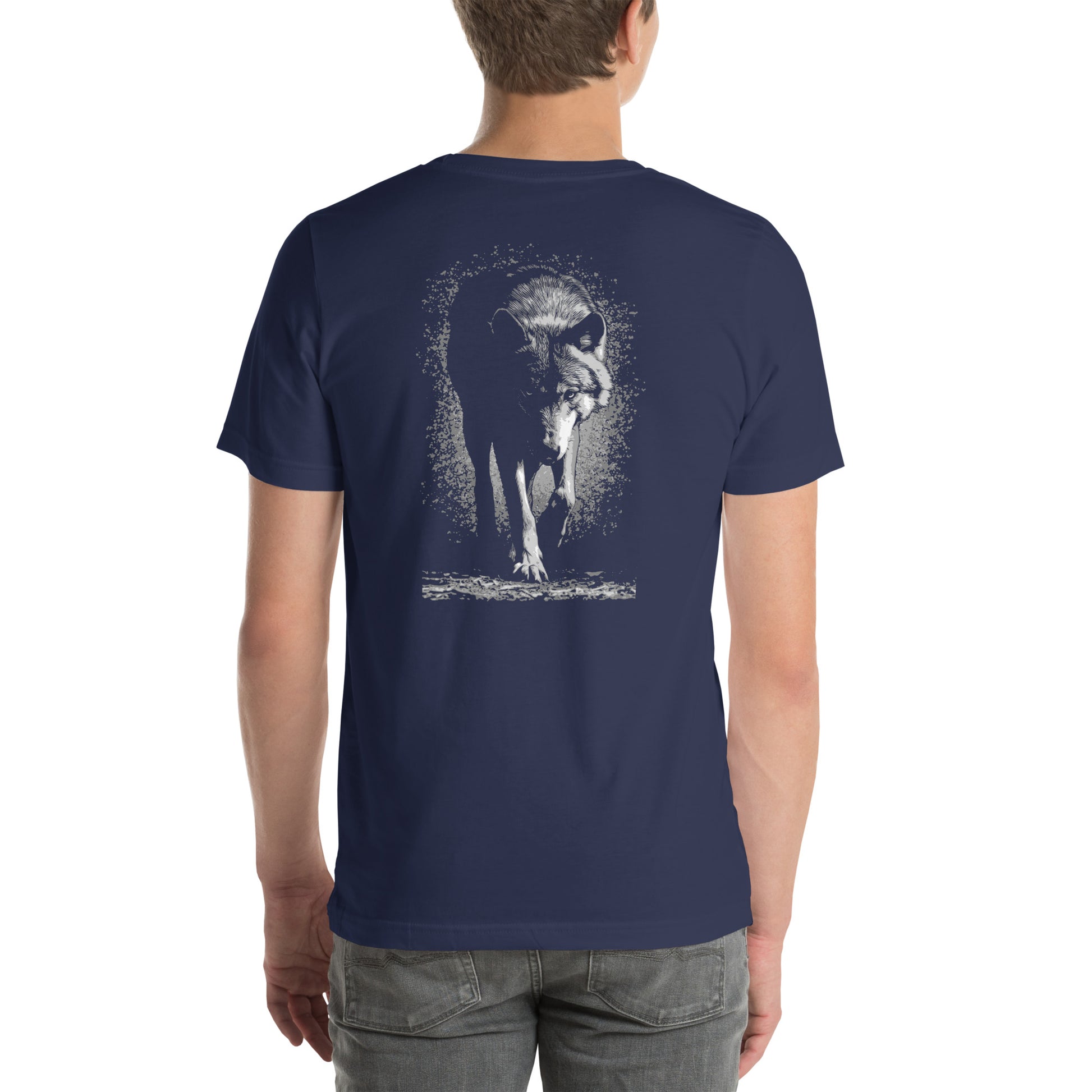 Stalking Wolf Unisex t-shirt - A hunting gray wolf image on back of shirt