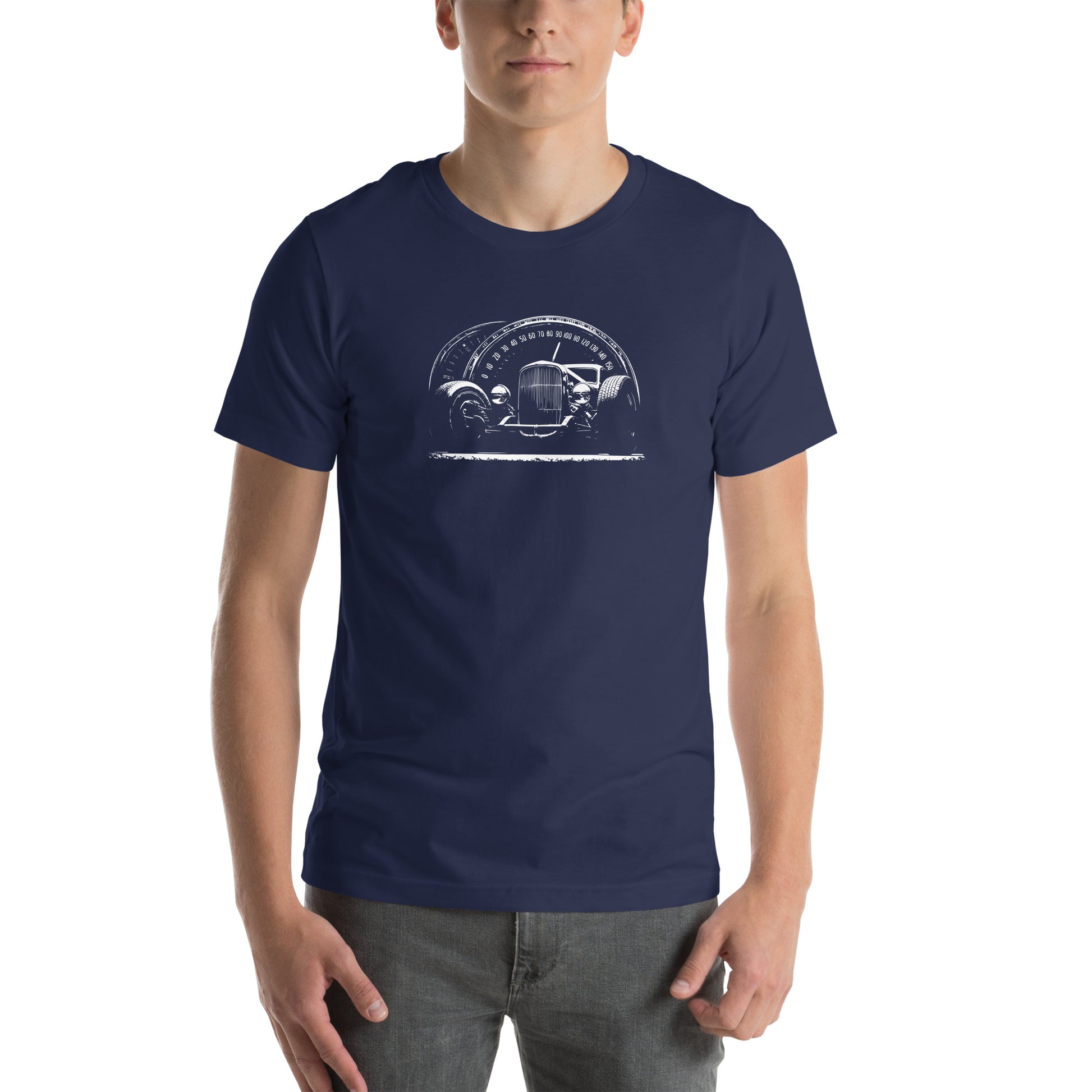 Classic car shirt featuring 30's-era hot rod with speedometer background
